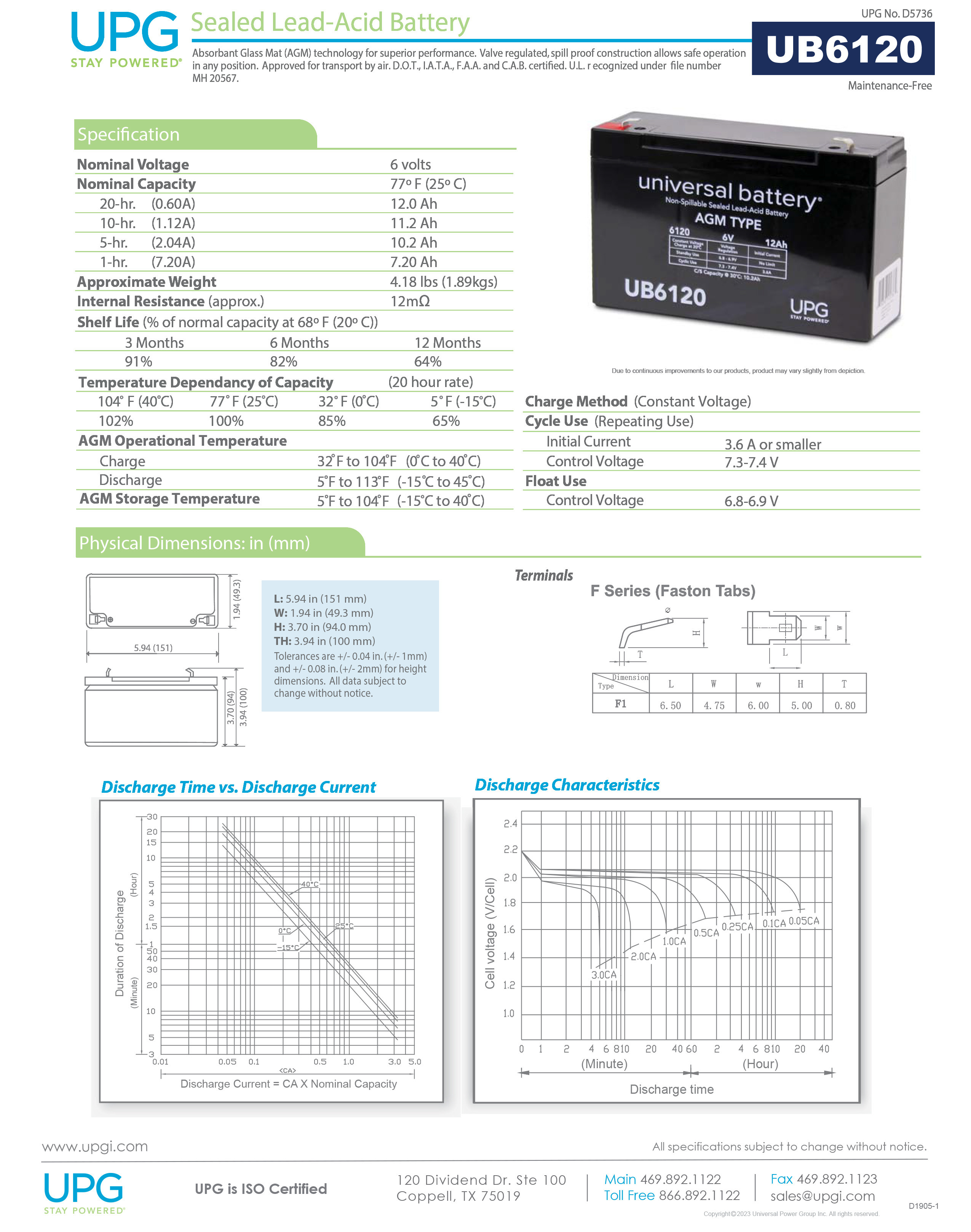 UB6120 SLA 6V 12AH .187 TT