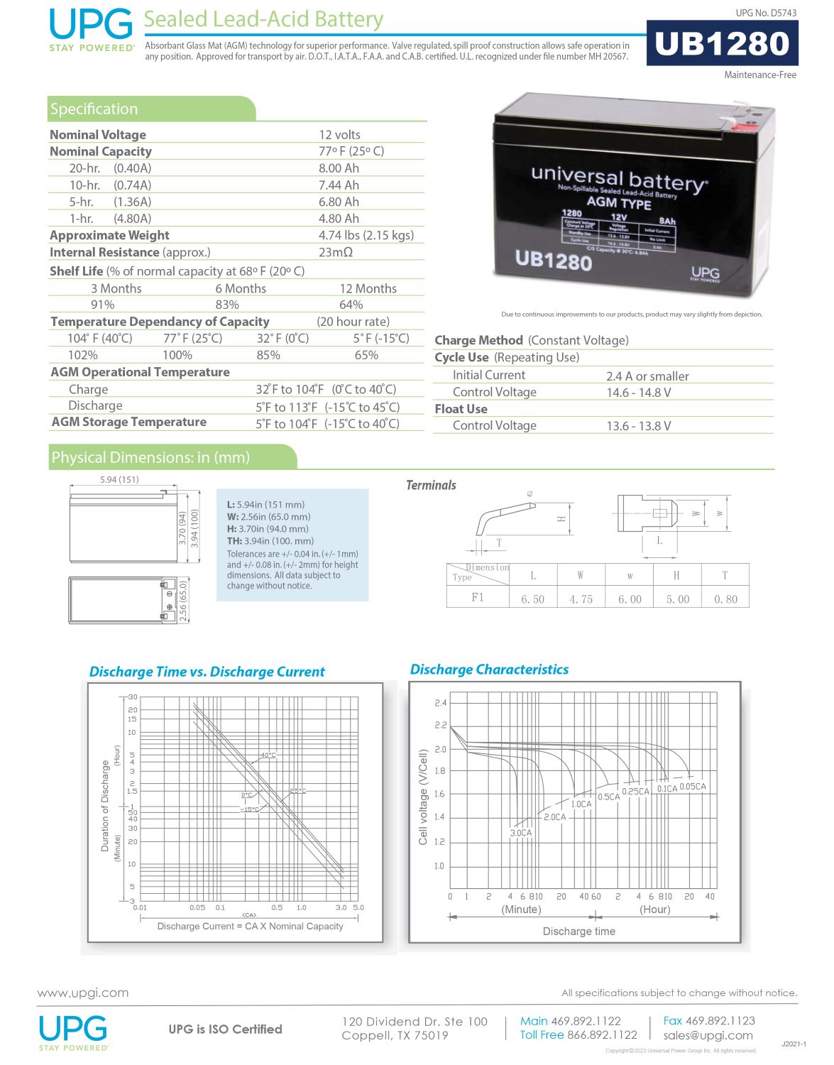 UB1280 12V 8AH Sealed Lead Acid Battery F1 .187 TT