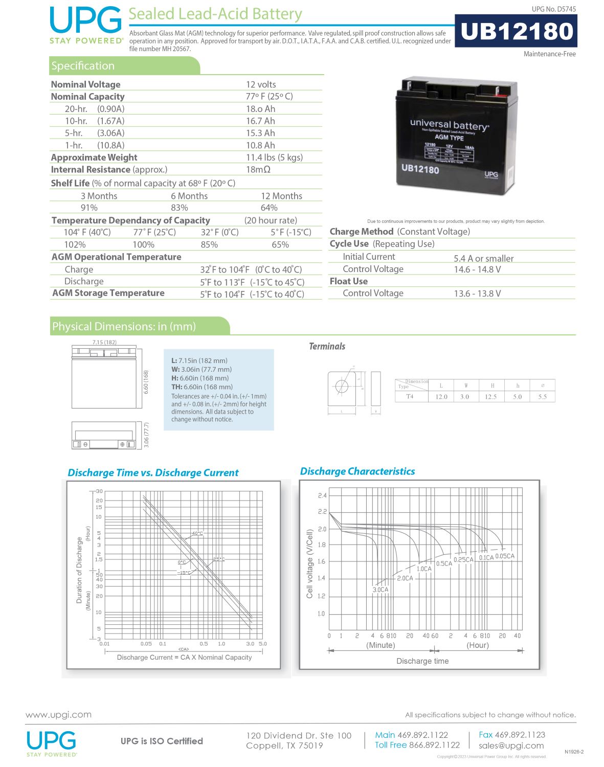 UB12180 SLA 12V 18AH T4 TERMINAL