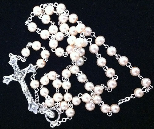 Imitation Pearl catholic Rosary 12+6in Italian Made