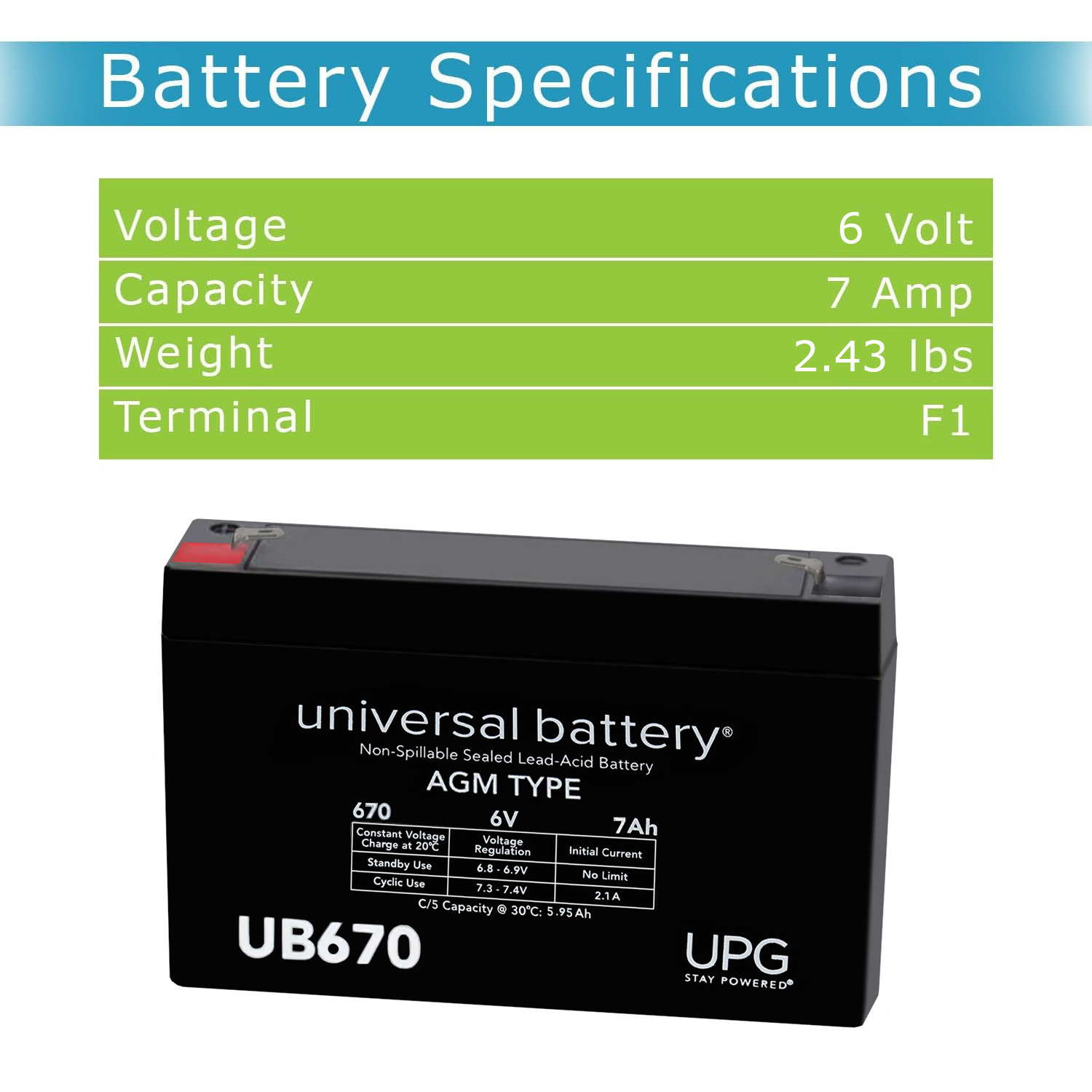 Ub670 Sealed Lead Acid Battery 6V 7Ah 