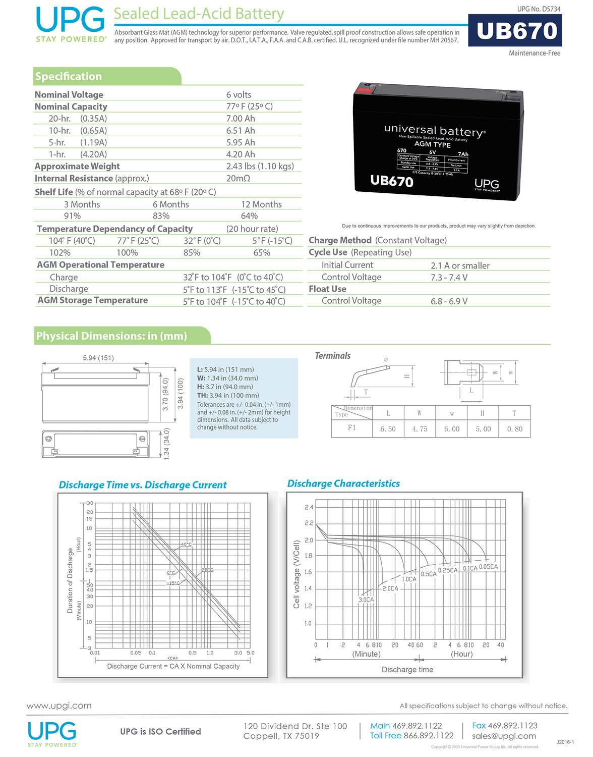 Ub670 Sealed Lead Acid Battery 6V 7Ah 