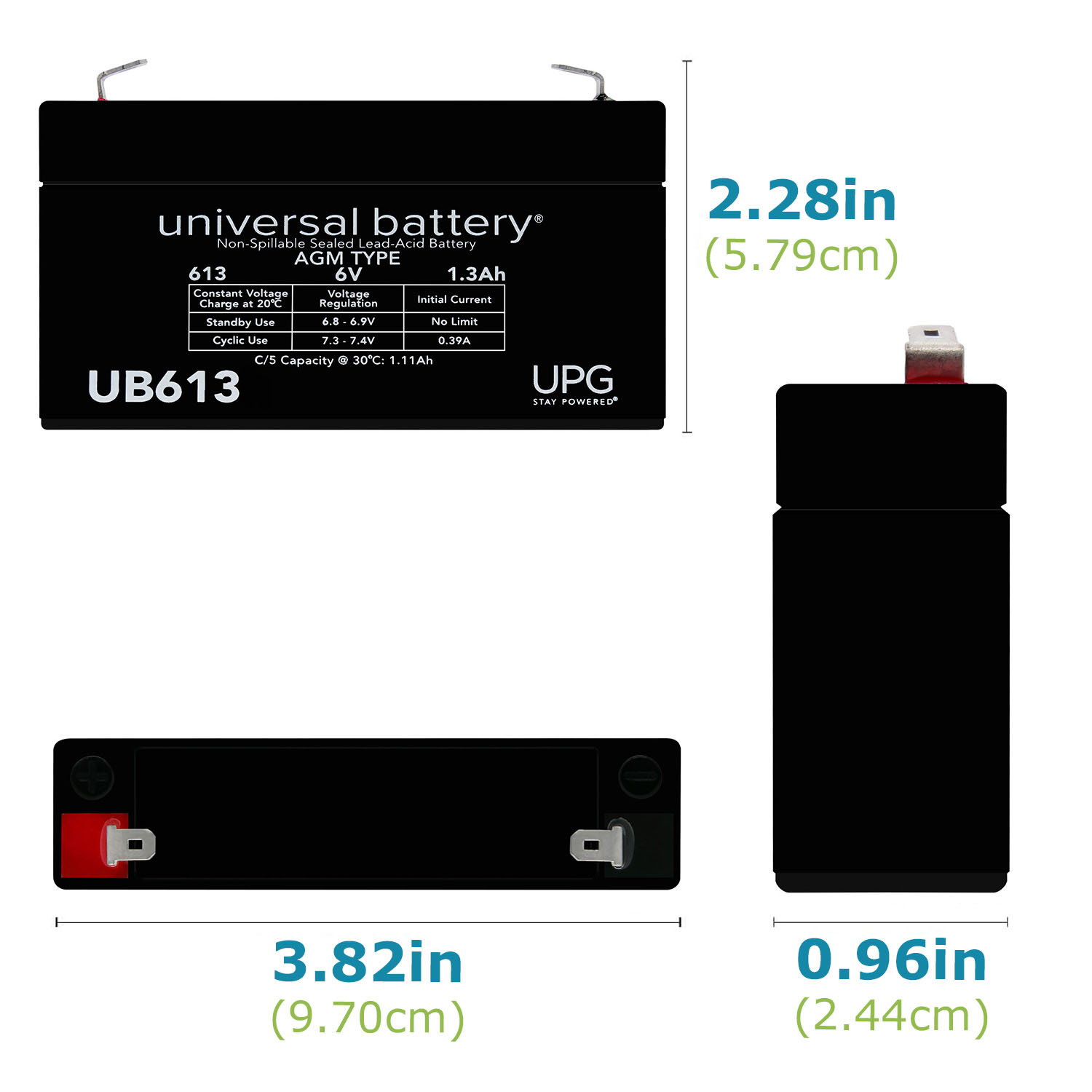 UB613 - AGM Battery - Sealed Lead Acid - 6 Volt - 1.3 Ah Capacity - F1 