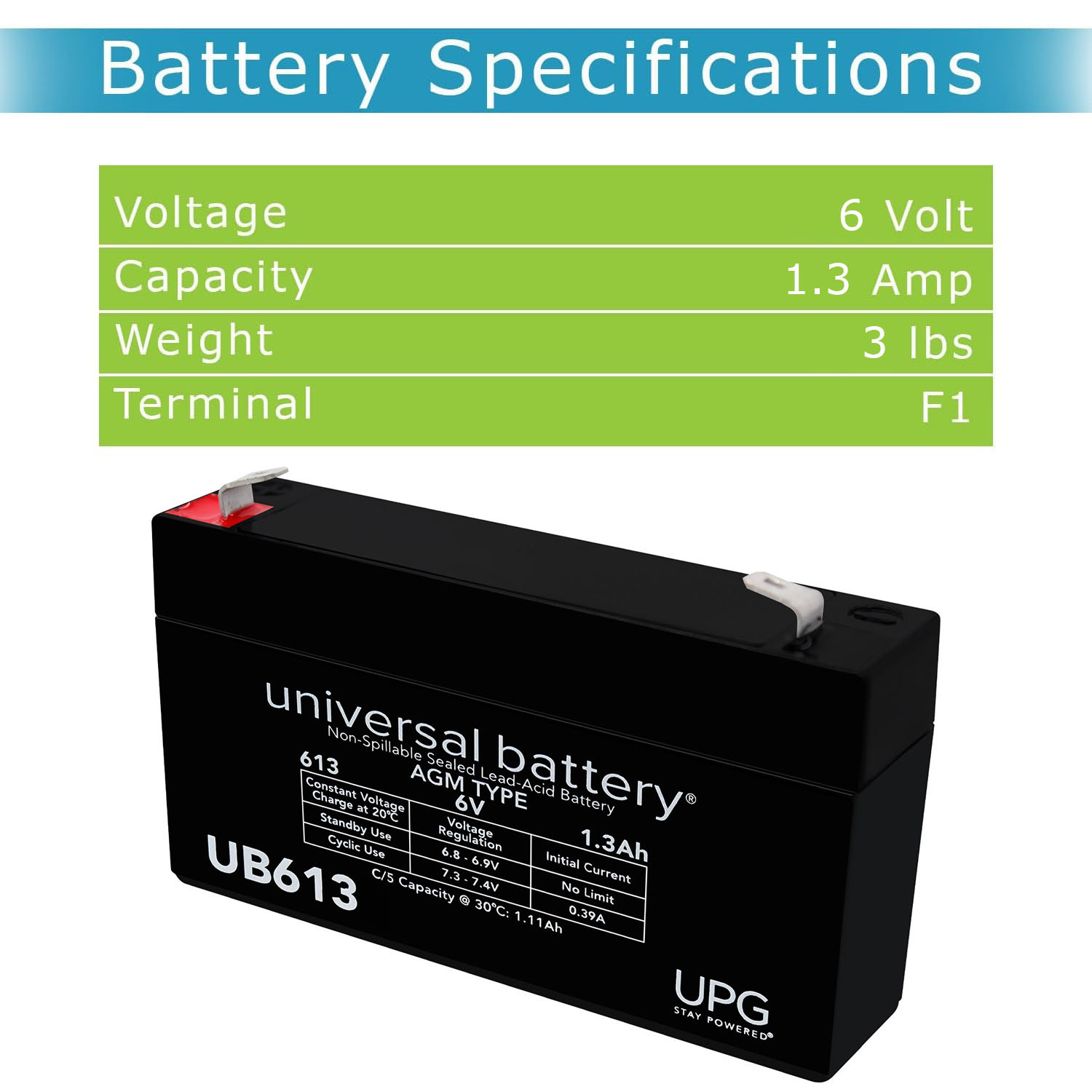 UB613 - AGM Battery - Sealed Lead Acid - 6 Volt - 1.3 Ah Capacity - F1 