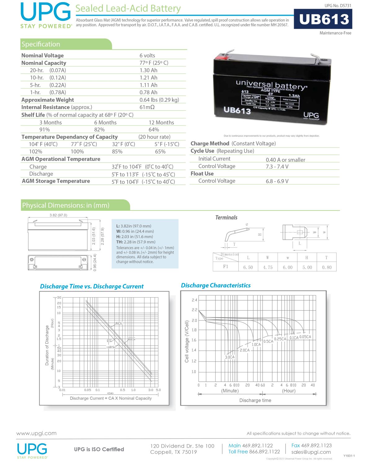 UB613 - AGM Battery - Sealed Lead Acid - 6 Volt - 1.3 Ah Capacity - F1 