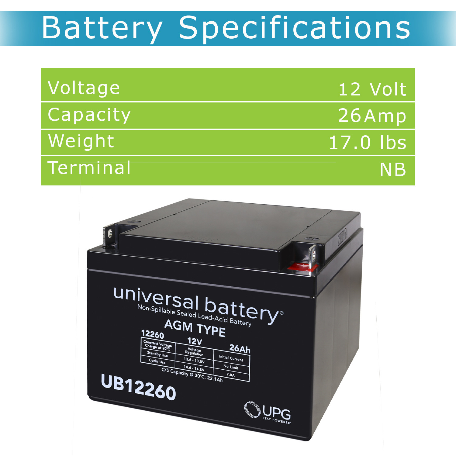 UB12260 12V 26AH T4 Terminal - Sealed Lead Acid Battery