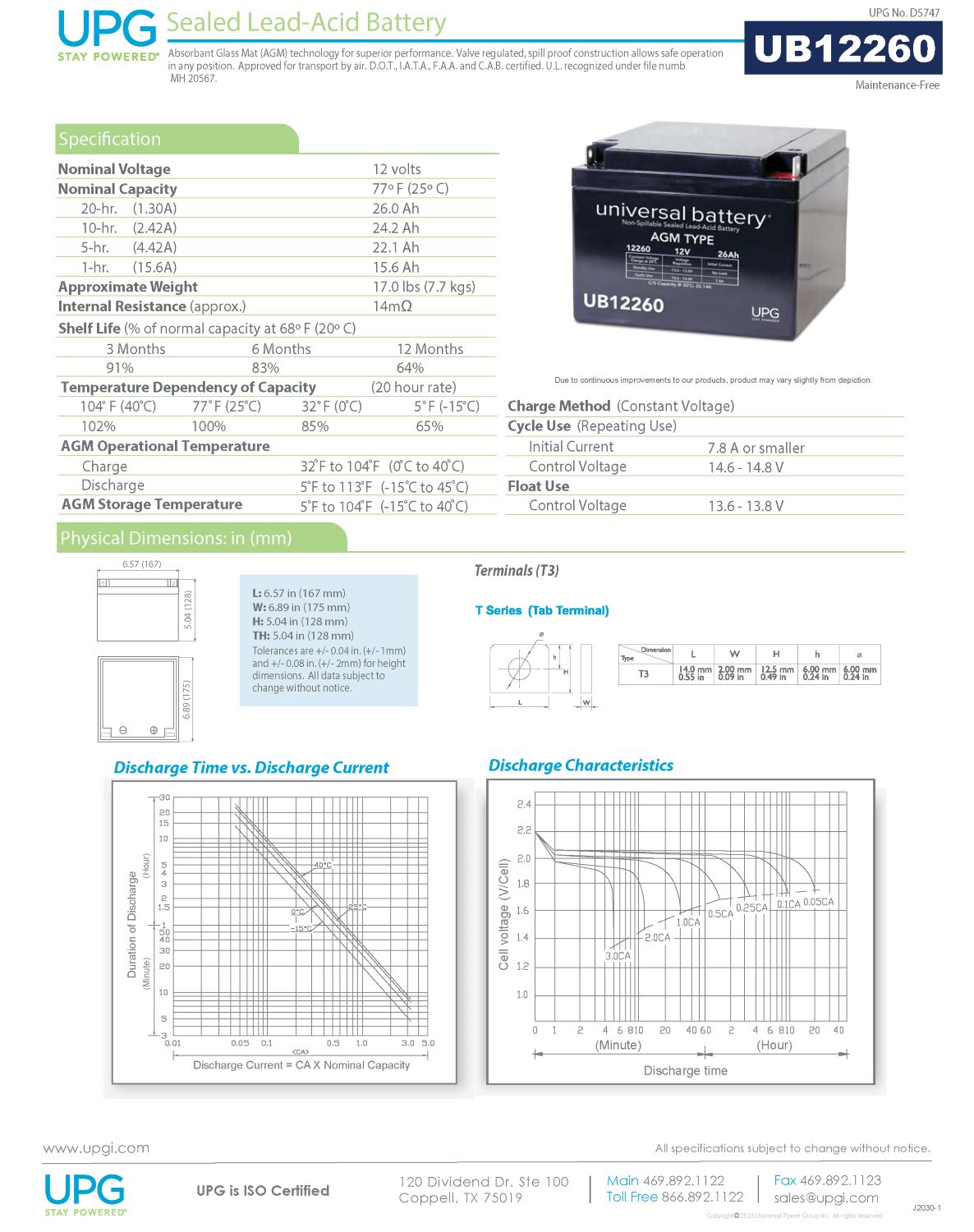UB12260 12V 26AH T4 Terminal - Sealed Lead Acid Battery