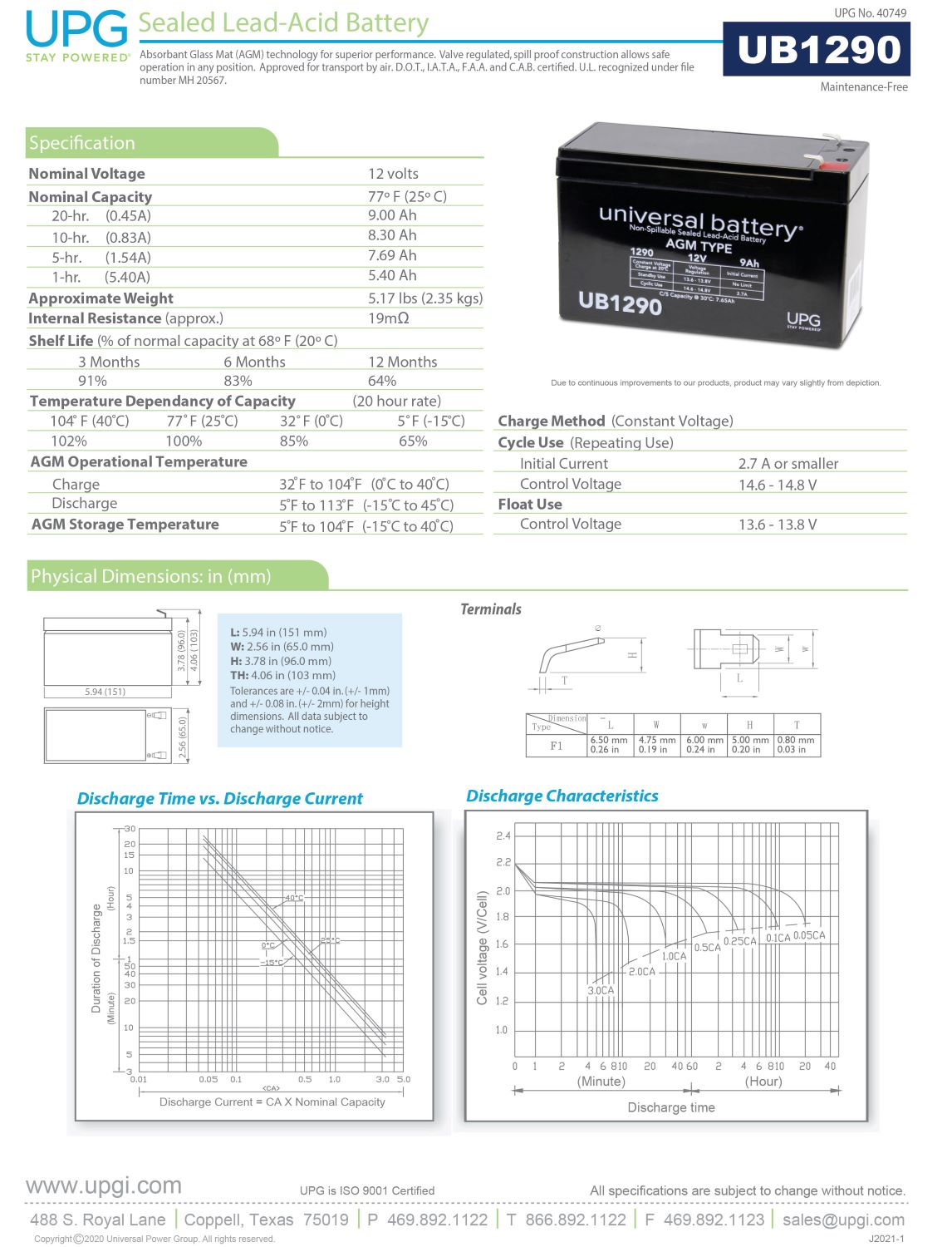 UB1290 12V 9AH Sealed Lead Acid Battery F1 Terminal