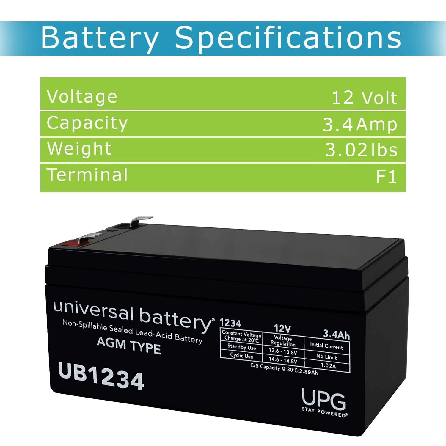 UB1234 12V 3.4AH Sealed Lead Acid Battery F1 TT