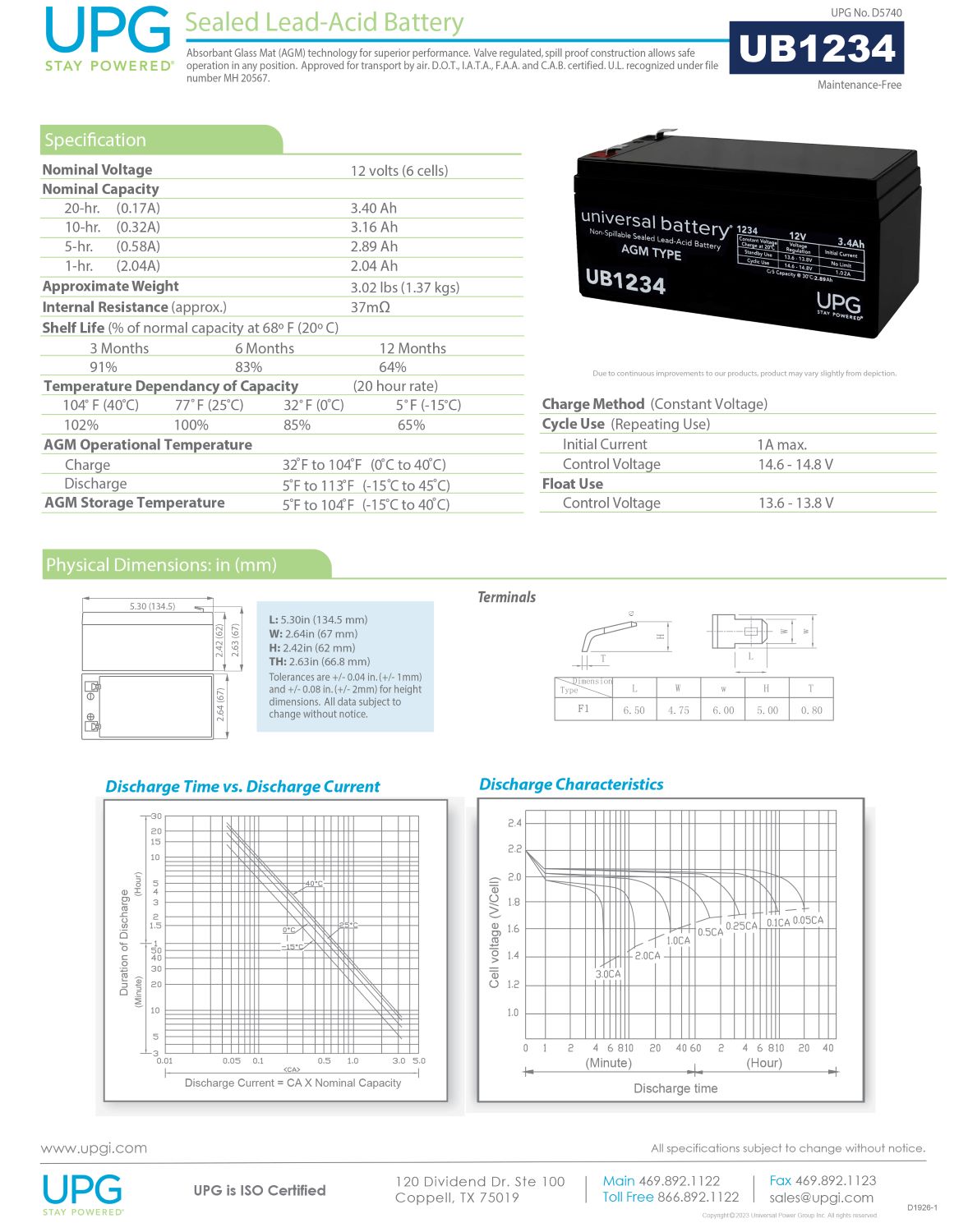 UB1234 12V 3.4AH Sealed Lead Acid Battery F1 TT