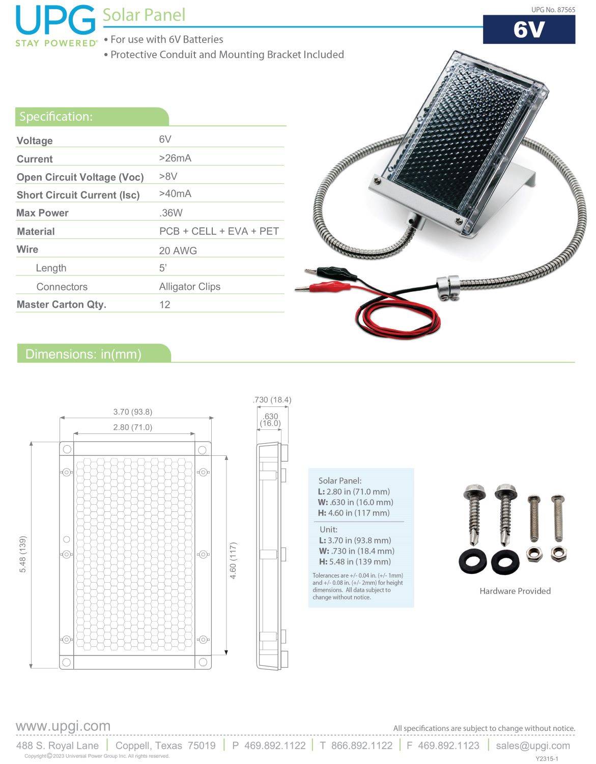 UPG 6V SOLAR PANEL SLA BATTERY CHARGER - 6 VOLT