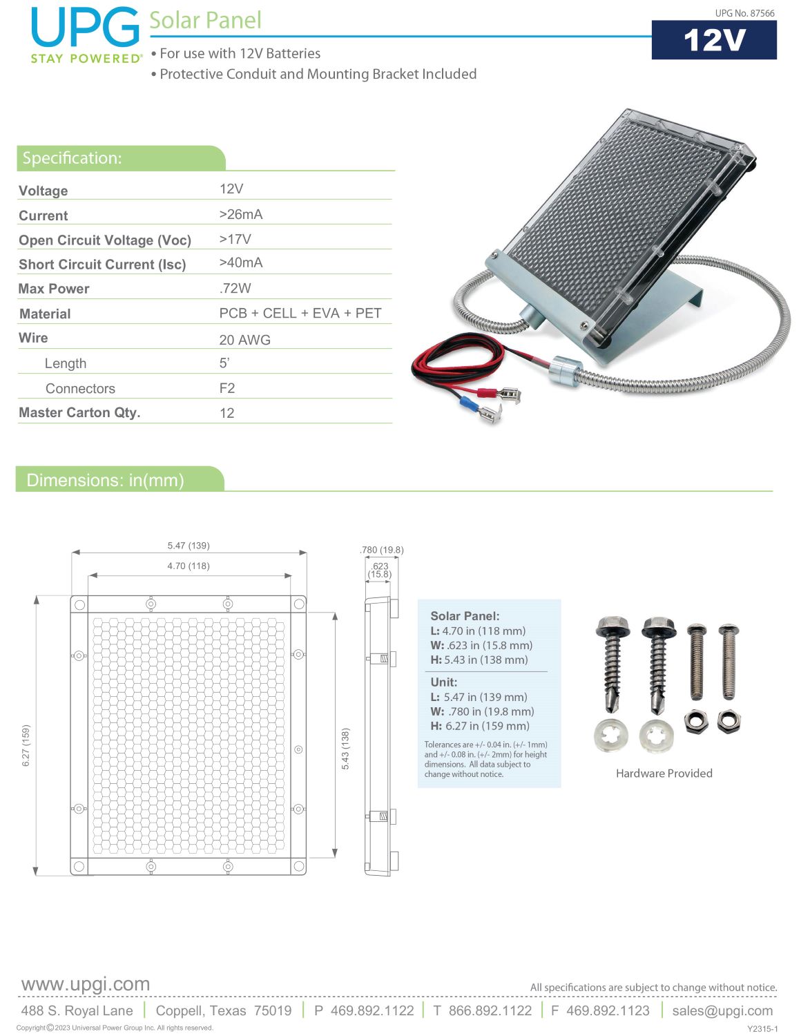 UPG 12V SOLAR PANEL CHARGER WITH ALLIGATOR CLIPS