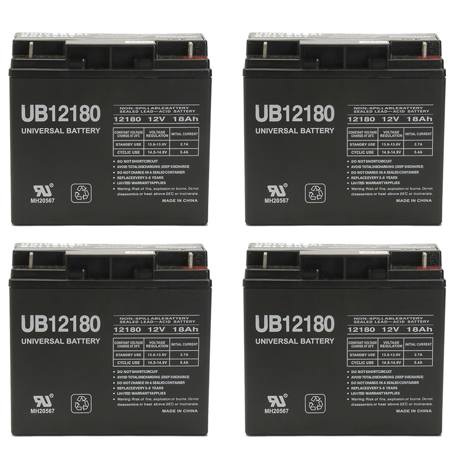 12V 18AH SLA Replacement Battery Compatible with Universal UB12180 -UB12180 - 4 Pack