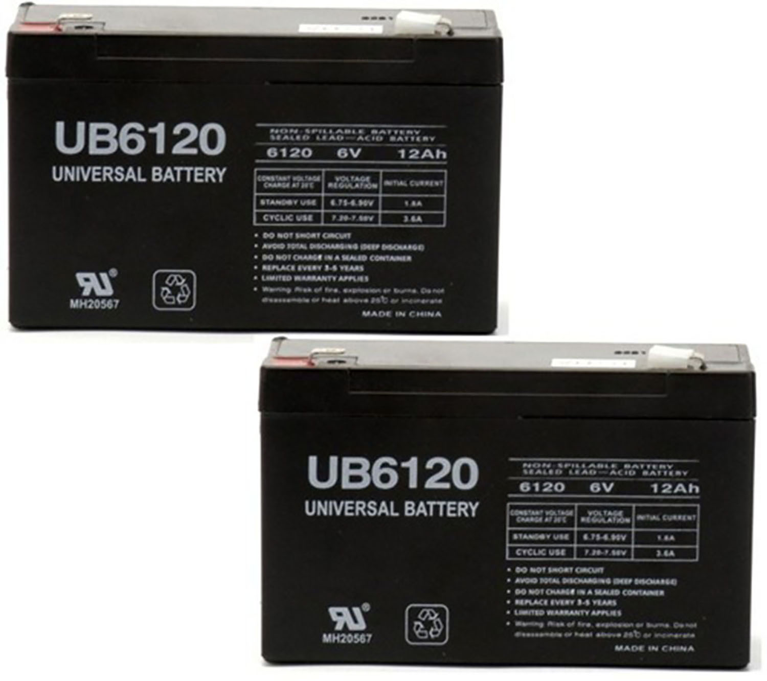 UB6120 SLA 6V 12AH .187 TT - 2 Pack
