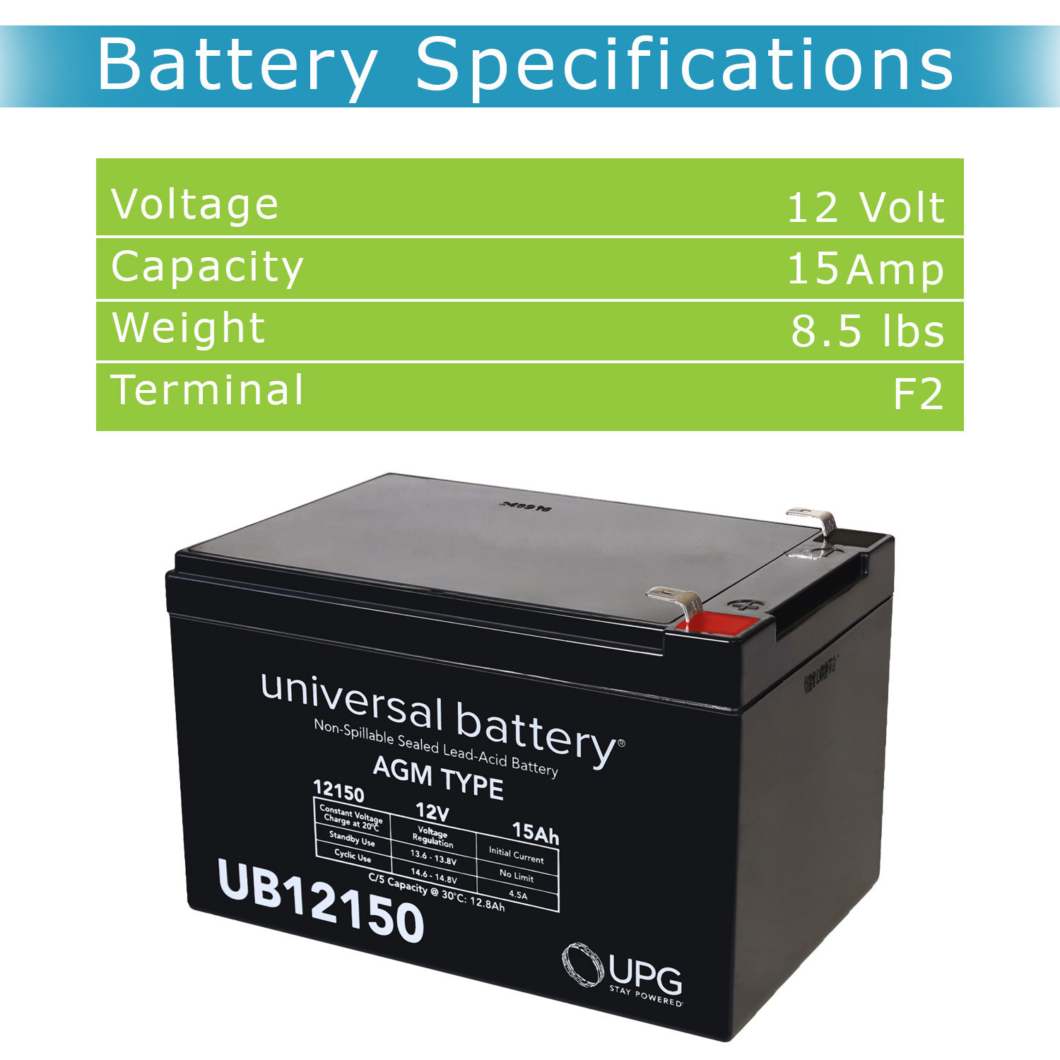 UB12150 12V 15AH Sealed Lead Acid Battery (SLA) .250 TT