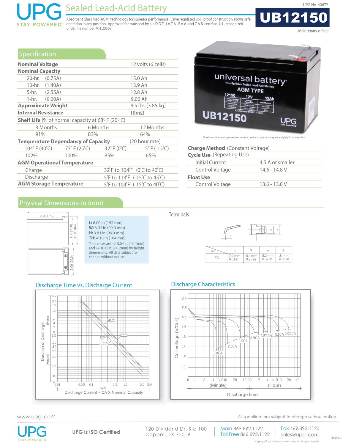 UB12150 12V 15AH Sealed Lead Acid Battery (SLA) .250 TT