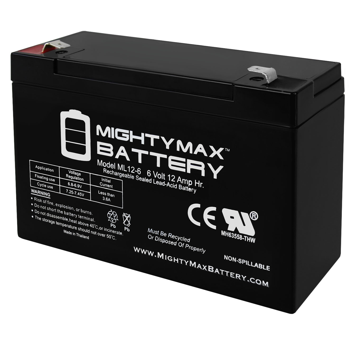 ML12-6 .250TT  - 6V 12AH UPS Battery Replaces CSB GP6120F2, GP 6120 F2
