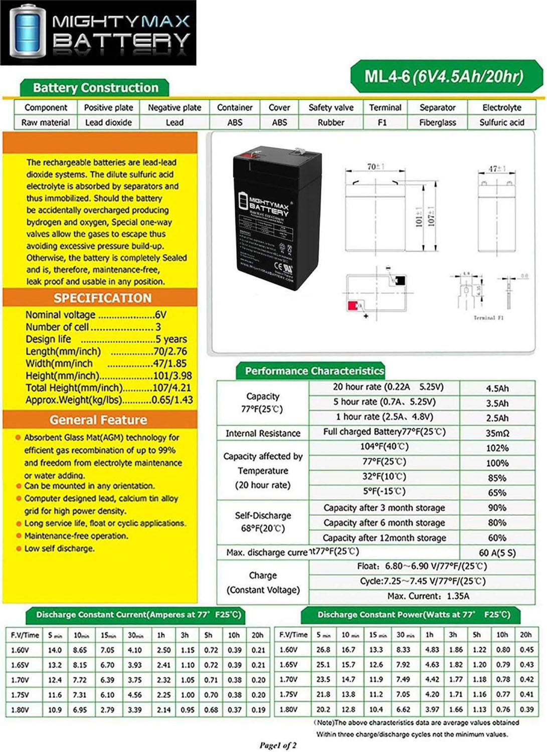 ML4-6 - 6 VOLT 4.5 AH SLA BATTERY INCLUDES 6V CHARGER