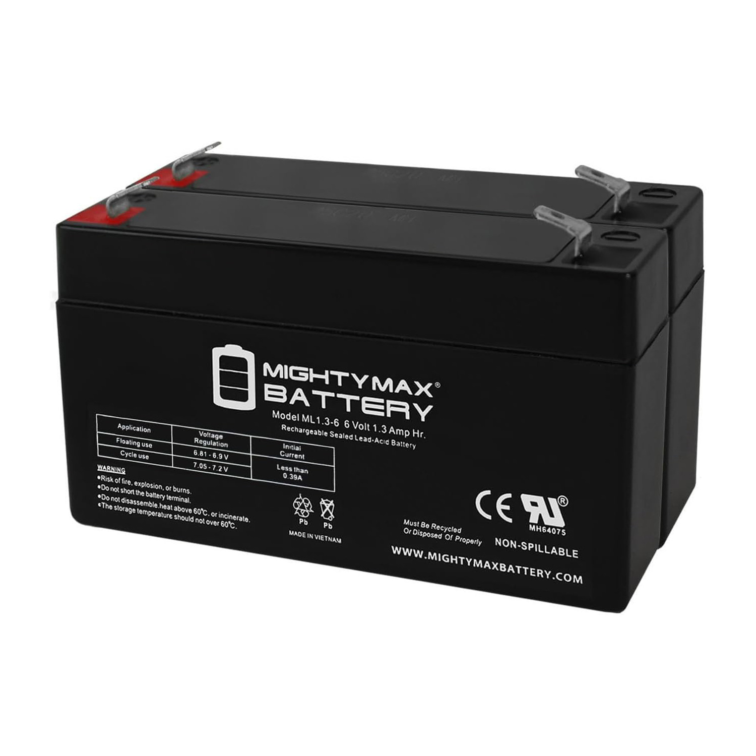 6V 1.3Ah SLA Replacement Battery for Power-Sonic PS-6130 - 2 Pack