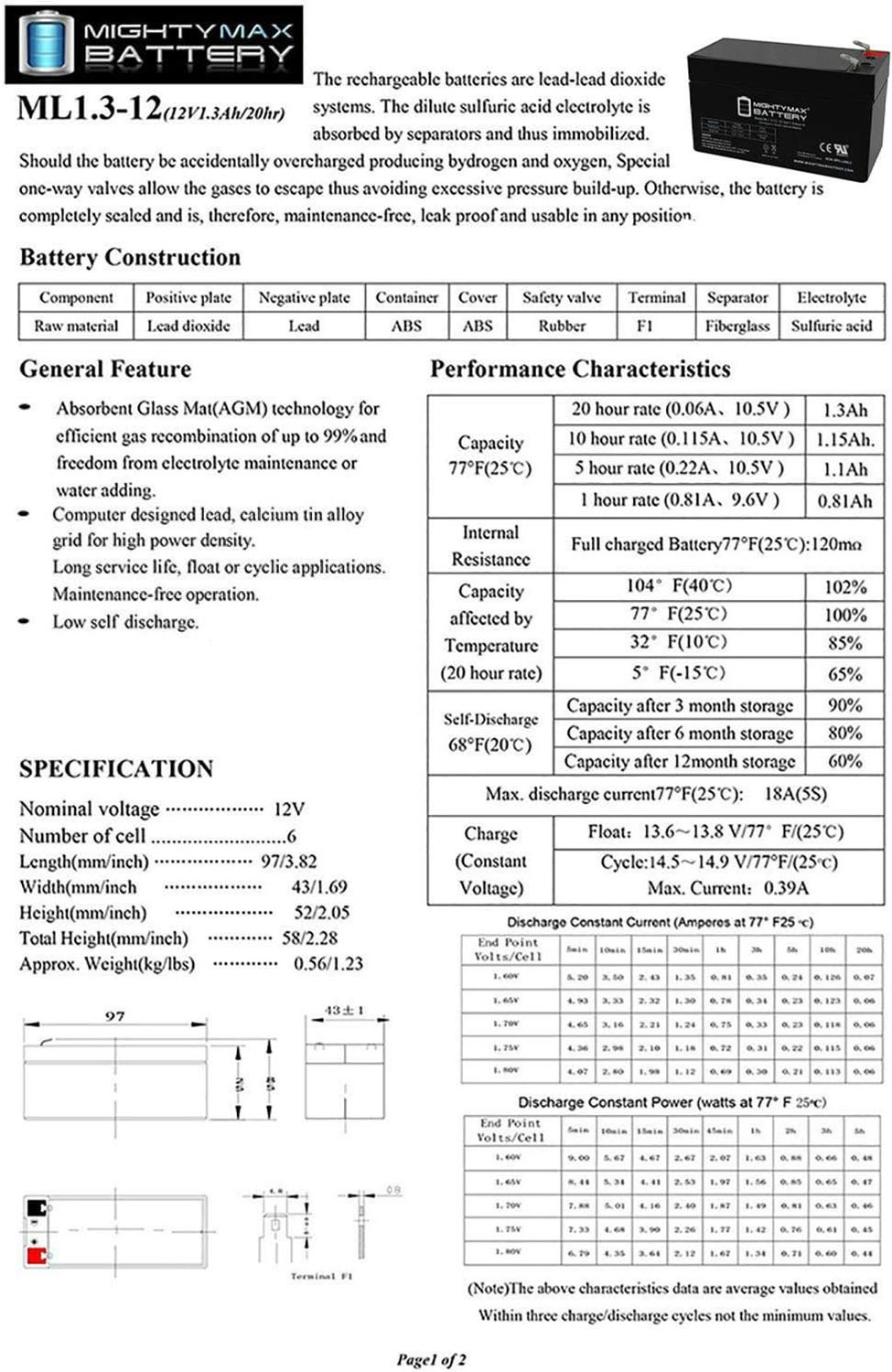 ML1.3-12 - 12 VOLT 1.3 AH SLA BATTERY INCLUDES 12V CHARGER