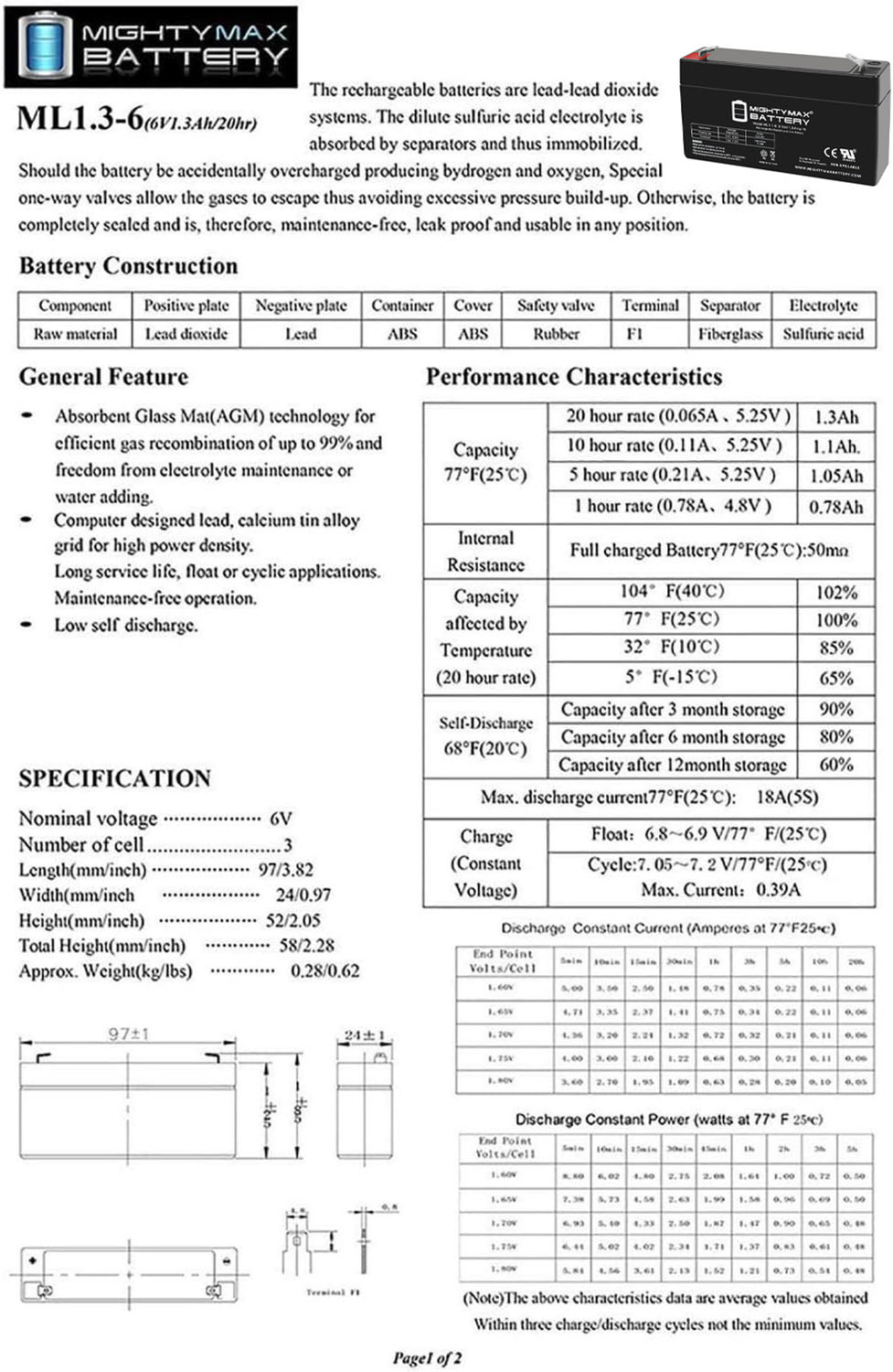 ML1.3-6 6V 1.3AH SLA Battery F1 Terminal Includes 6V Charger