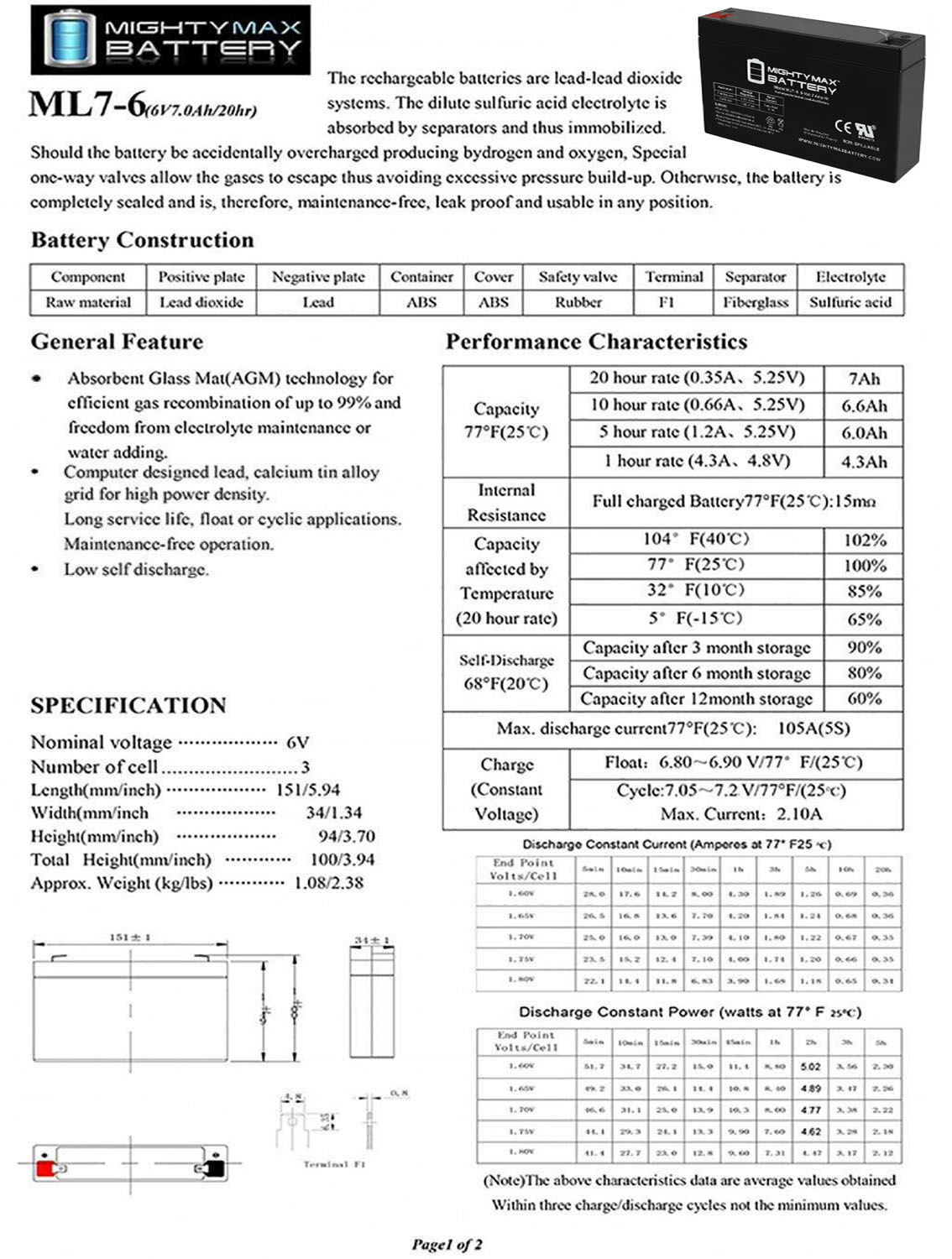 ML7-6 6V 7AH SLA Battery F1 Terminal Includes 6V Charger