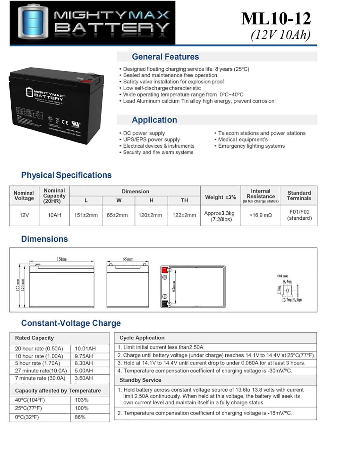 ML10-12 - 12 VOLT 10 AH SLA BATTERY INCLUDES 12V CHARGER