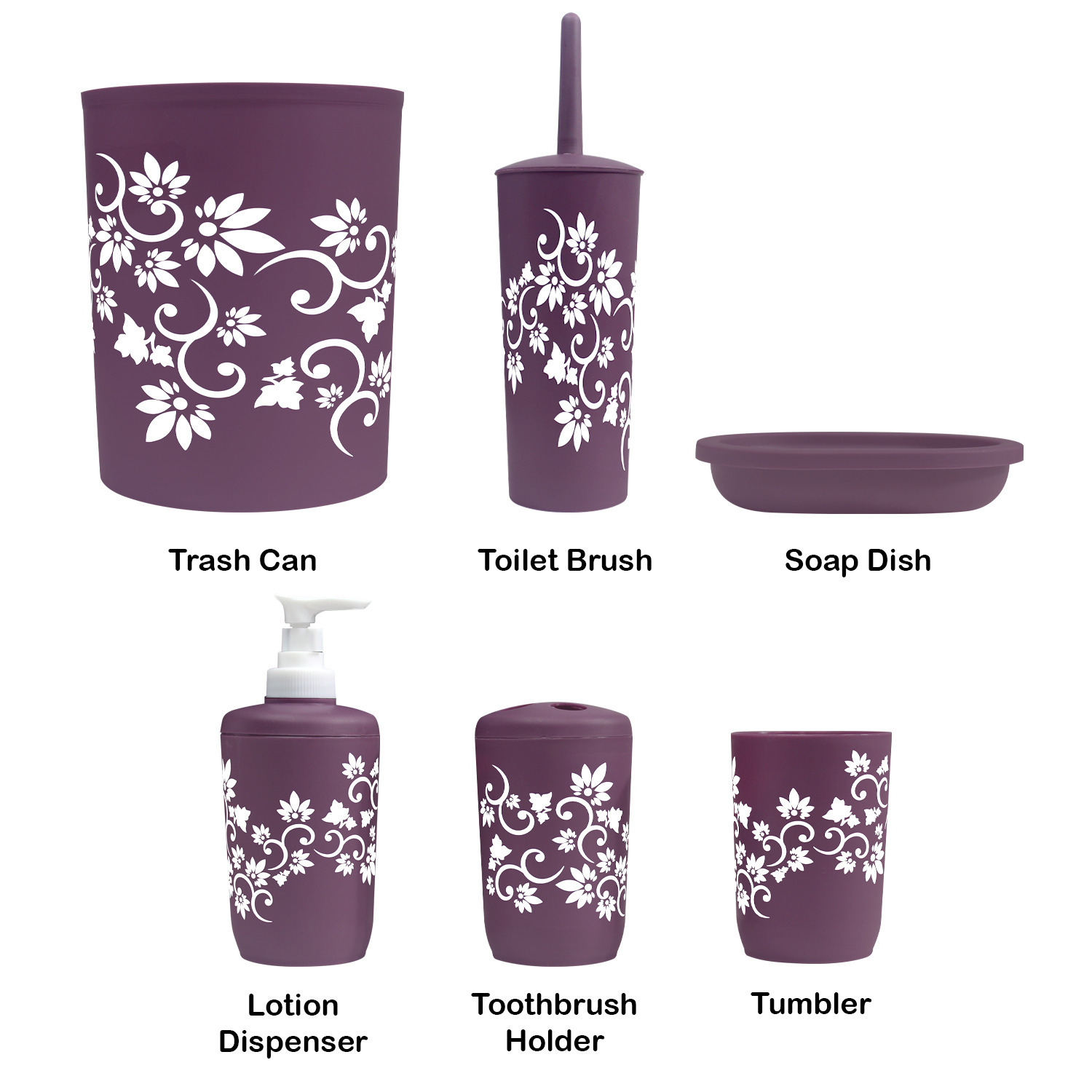 Bathroom Accessories Set Complete, Toilet Brush and Holder, Trash Can, Toothbrush Holder, Purple, 7 Pieces