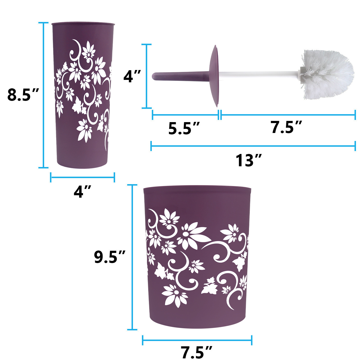 Bathroom Accessories Set Complete, Toilet Brush and Holder, Trash Can, Toothbrush Holder, Purple, 7 Pieces
