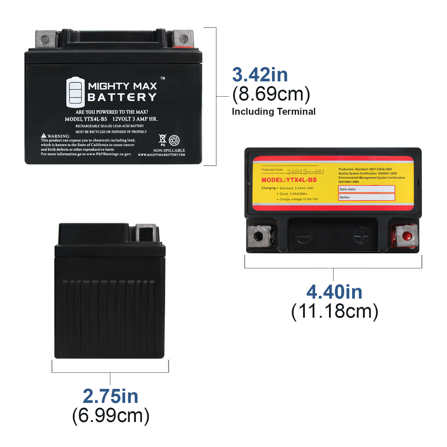 YTX4L-BS 12 VOLT 3AH MOTORCYCLE BATTERY + 12V 1AMP CHARGER