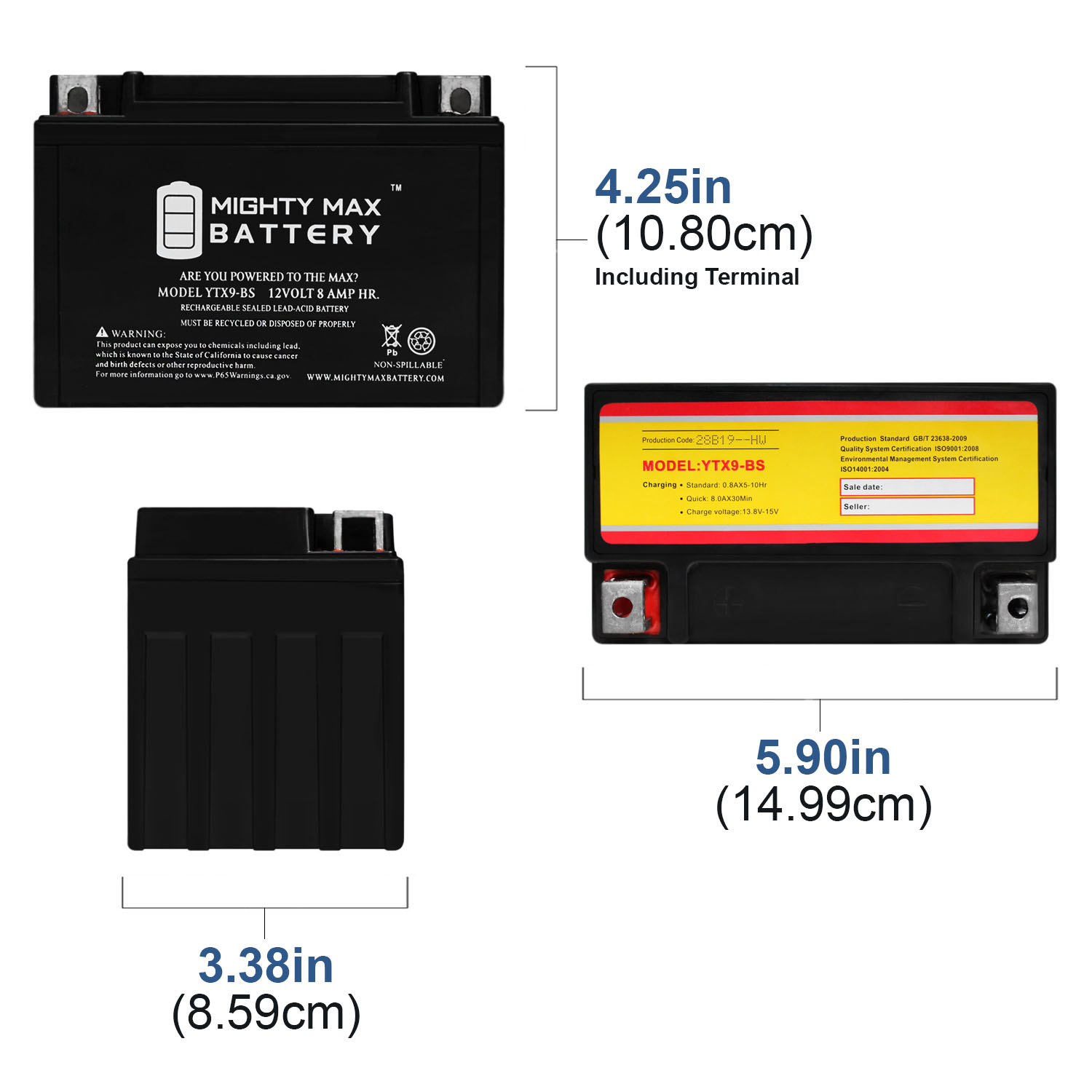 YTX9-BS 12V 8AH SLA For Power Sports Battery + 12V 1 Amp Charger