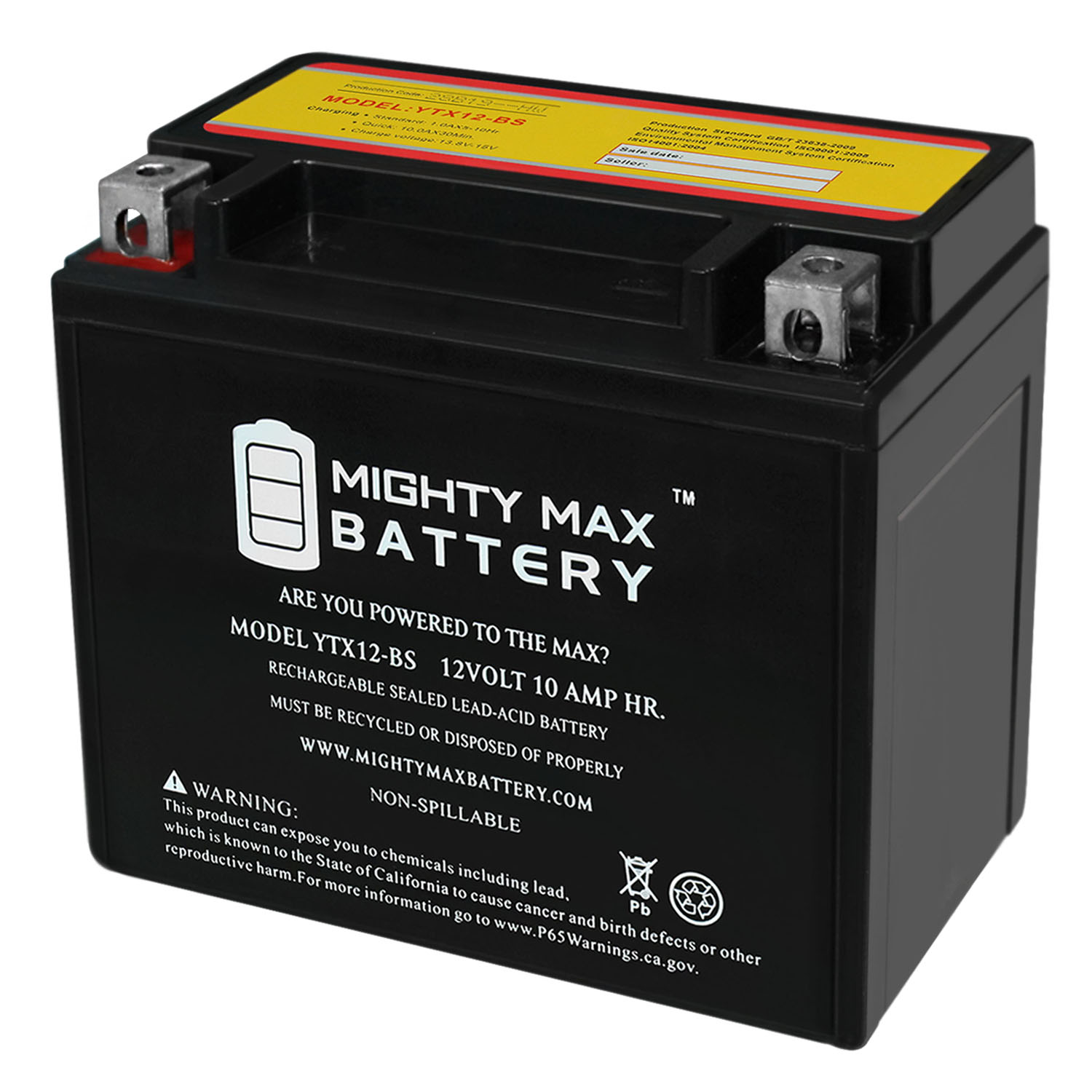 YTX12-BS Power Sports Battery Replaces GTX12-BS, M3RH2S, 44016