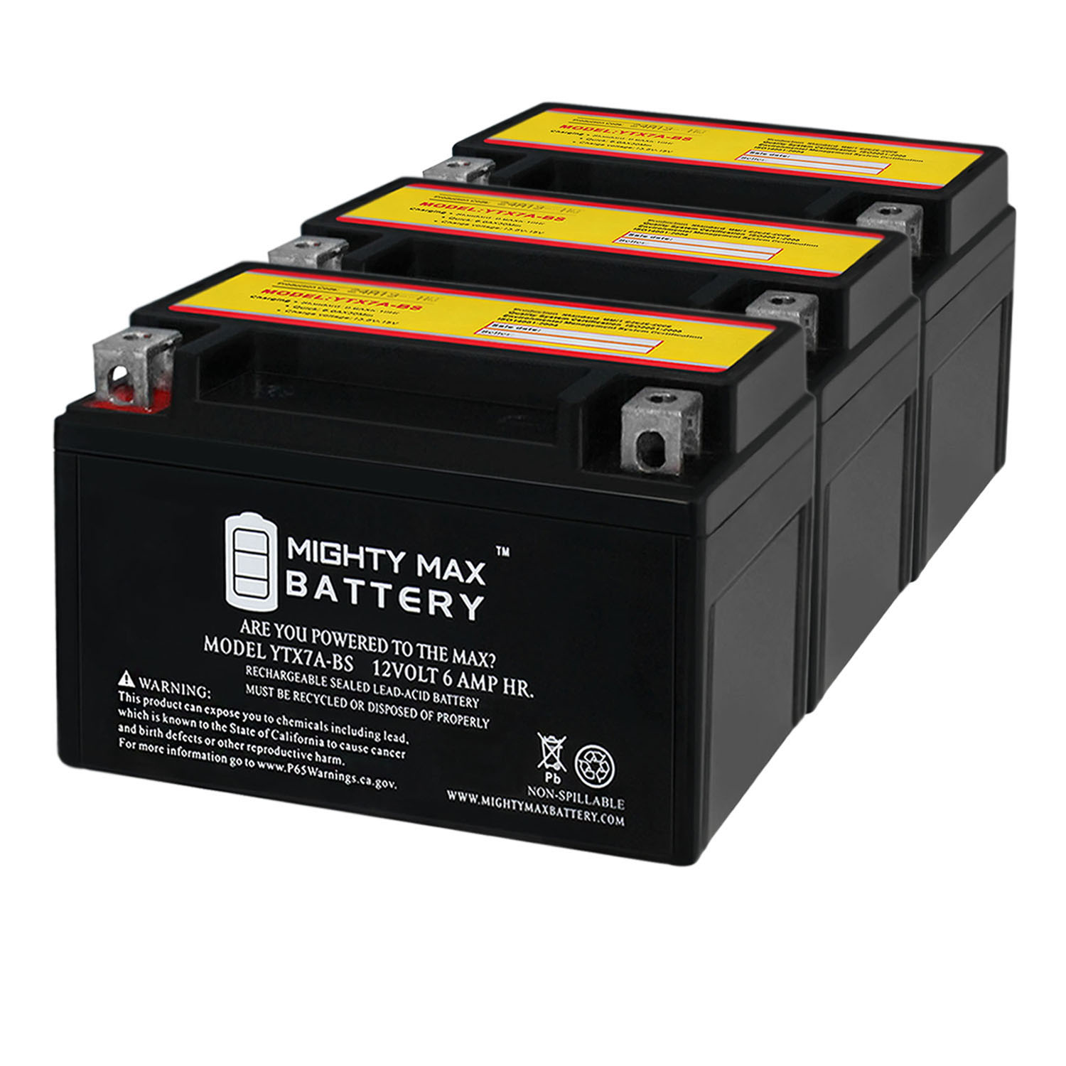 YTX7A-BS 12V 6AH Sealed Lead AGM Battery For Motorcycle - 3 Pack