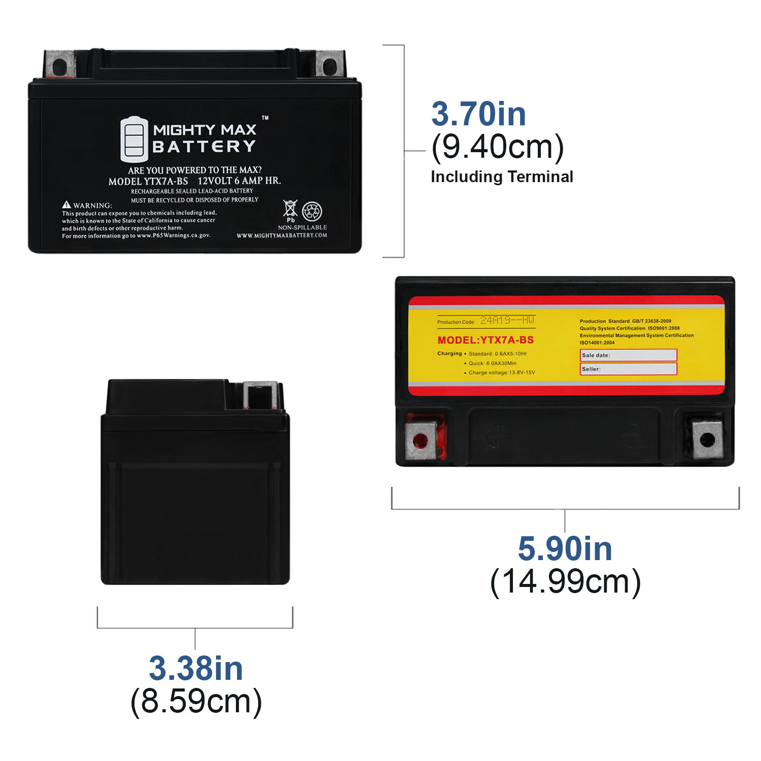 YTX7A-BS 12V 6AH Sealed Lead AGM Battery For Motorcycle - 3 Pack