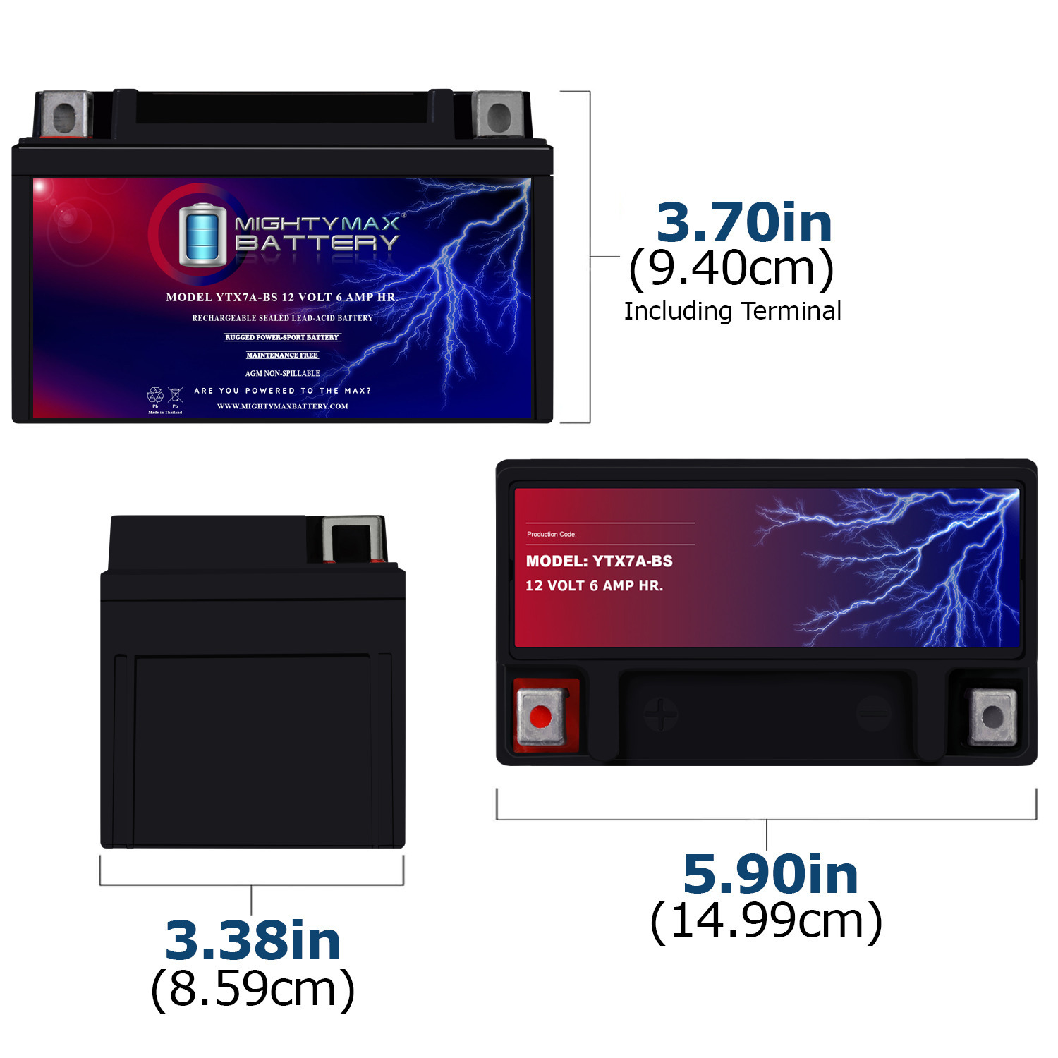 YTX7A-BS 12V 6AH Sealed Lead AGM Battery For Motorcycle - 3 Pack