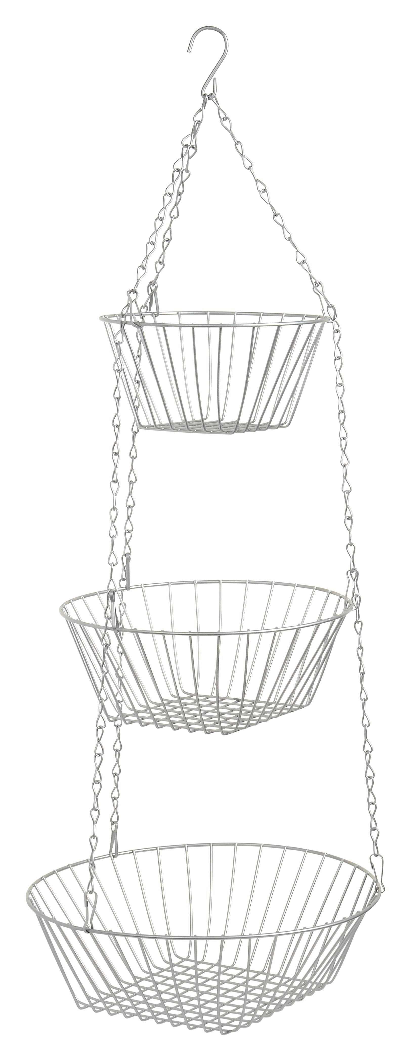 Hanging Fruit Basket 3 Tier, Round, For Kitchen, Silver, 25 Inches Long