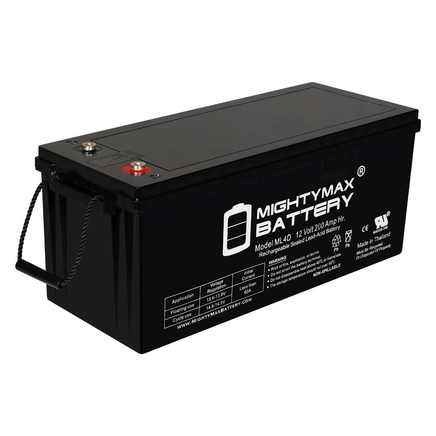 ML4D -12 Volt 200 AH, Internal Thread (INT) Terminal, Rechargeable SLA AGM Battery