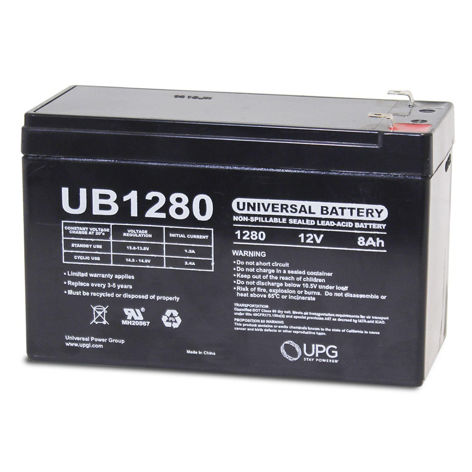 UB1280 12V 8AH Sealed Lead Acid Battery + 12 Volt 1 Amp Charger