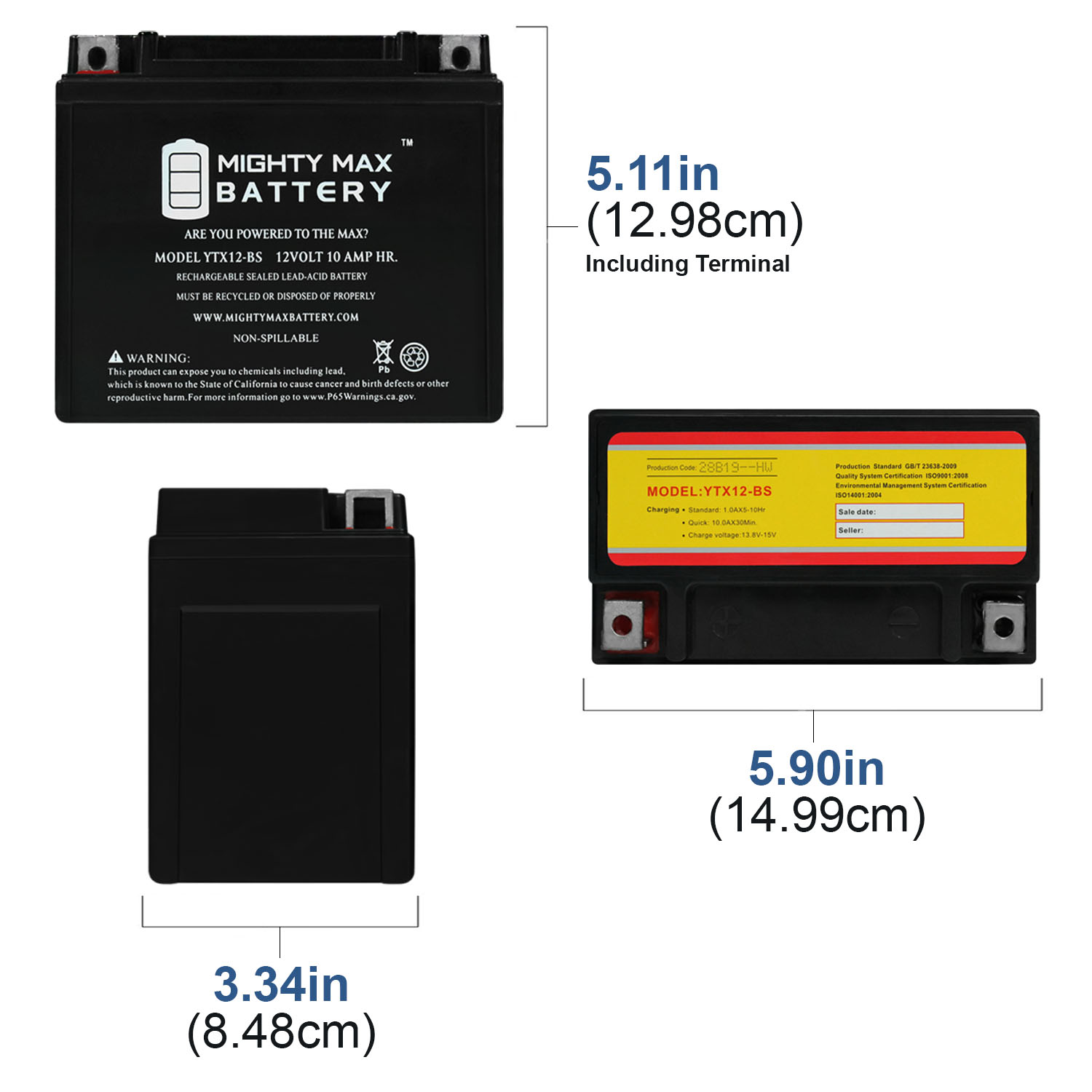 YTX12-BS 12V 10AH SLA for Power Sports Battery + 12V 2Amp Charger