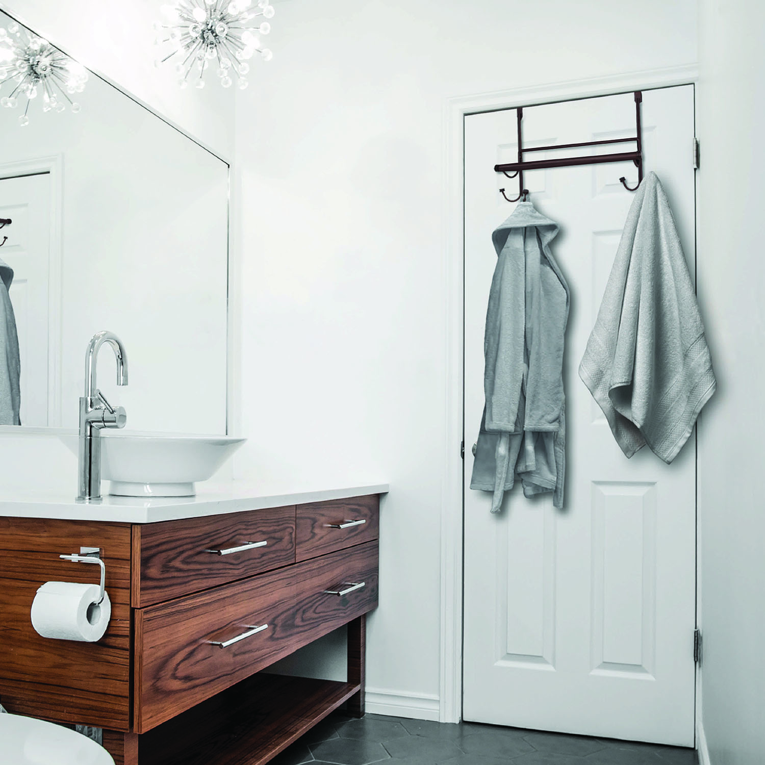 Towel Over the Door Hanger with Towel Rack Bar, 4 Towel Hooks, No Assembly Required, Bronze