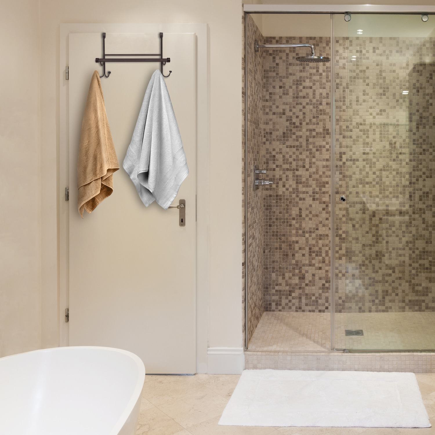 Towel Over the Door Hanger with Towel Rack Bar, 4 Towel Hooks, No Assembly Required, Bronze