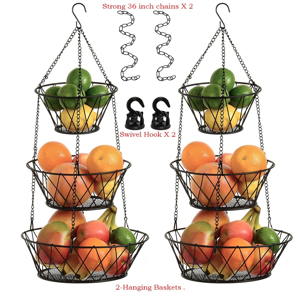 Hanging Fruit Baskets for Kitchen Bundle, 3 Tier, Black, 25 Inches Long, Includes Extension Chains, Swivel Hooks and Hardware