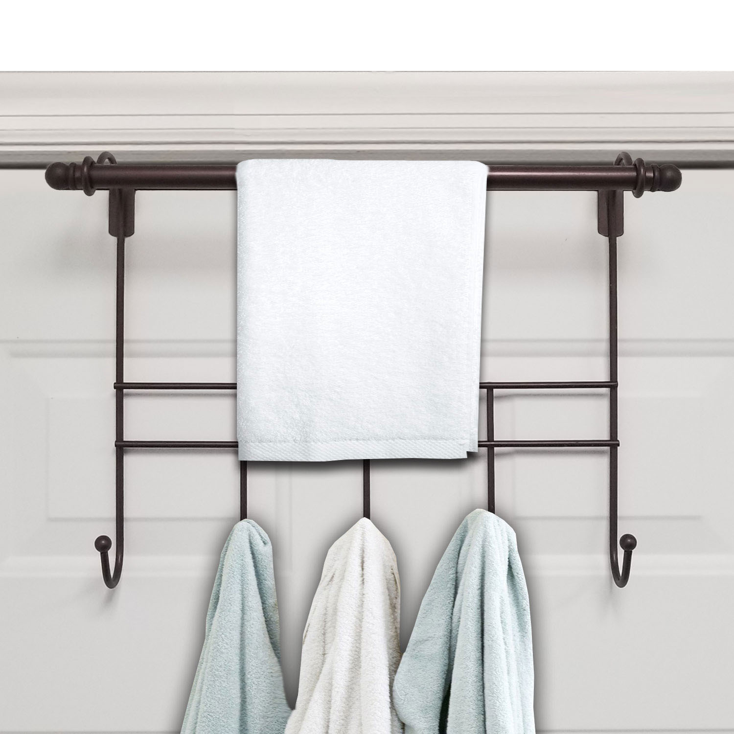 Towel Door Hanger includes Towel Rack Bar, 5 Towel Hooks, No Assembly Required, 17 Inches Wide, 2 Inch Over the Door Hook Space, Bronze