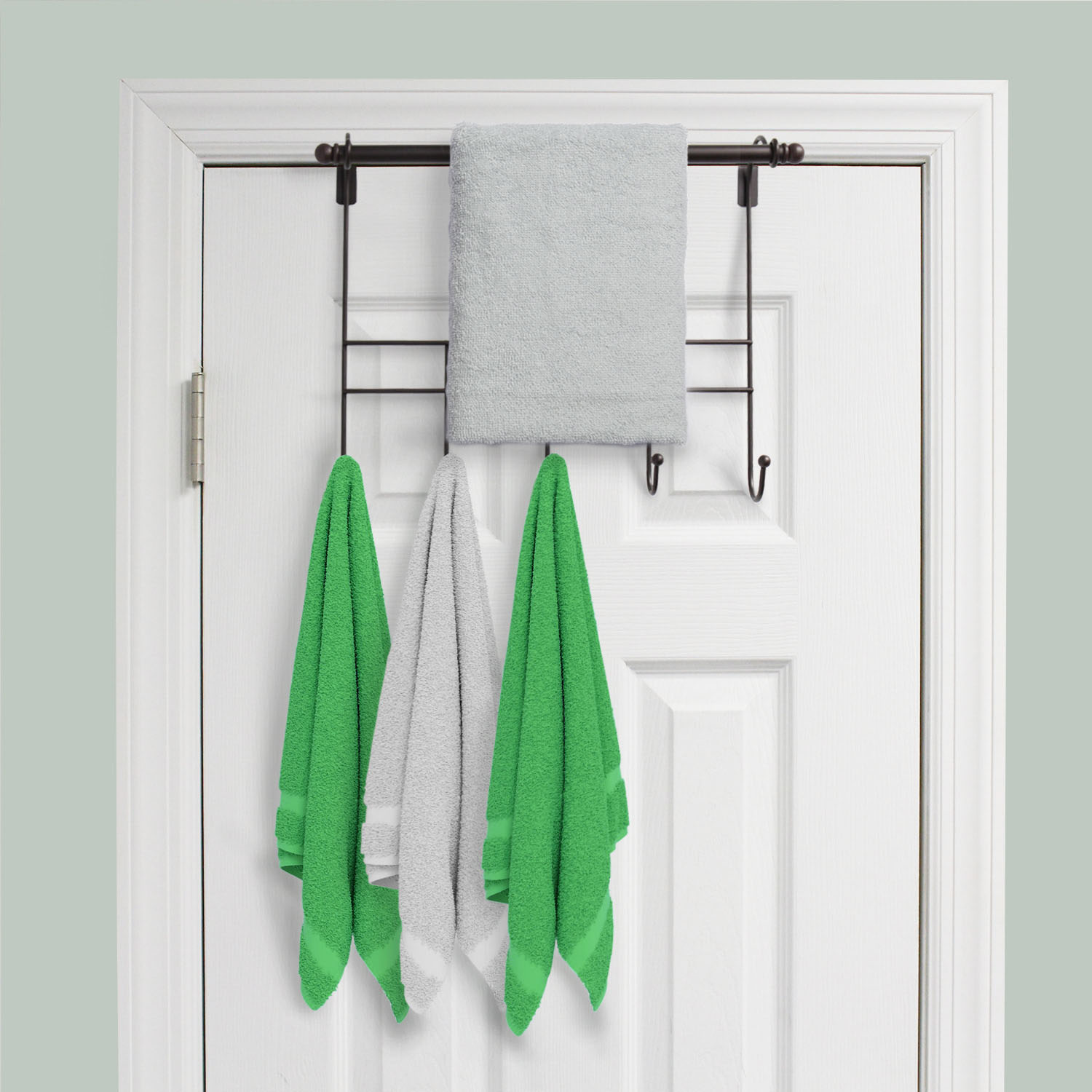 Towel Door Hanger includes Towel Rack Bar, 5 Towel Hooks, No Assembly Required, 17 Inches Wide, 2 Inch Over the Door Hook Space, Bronze