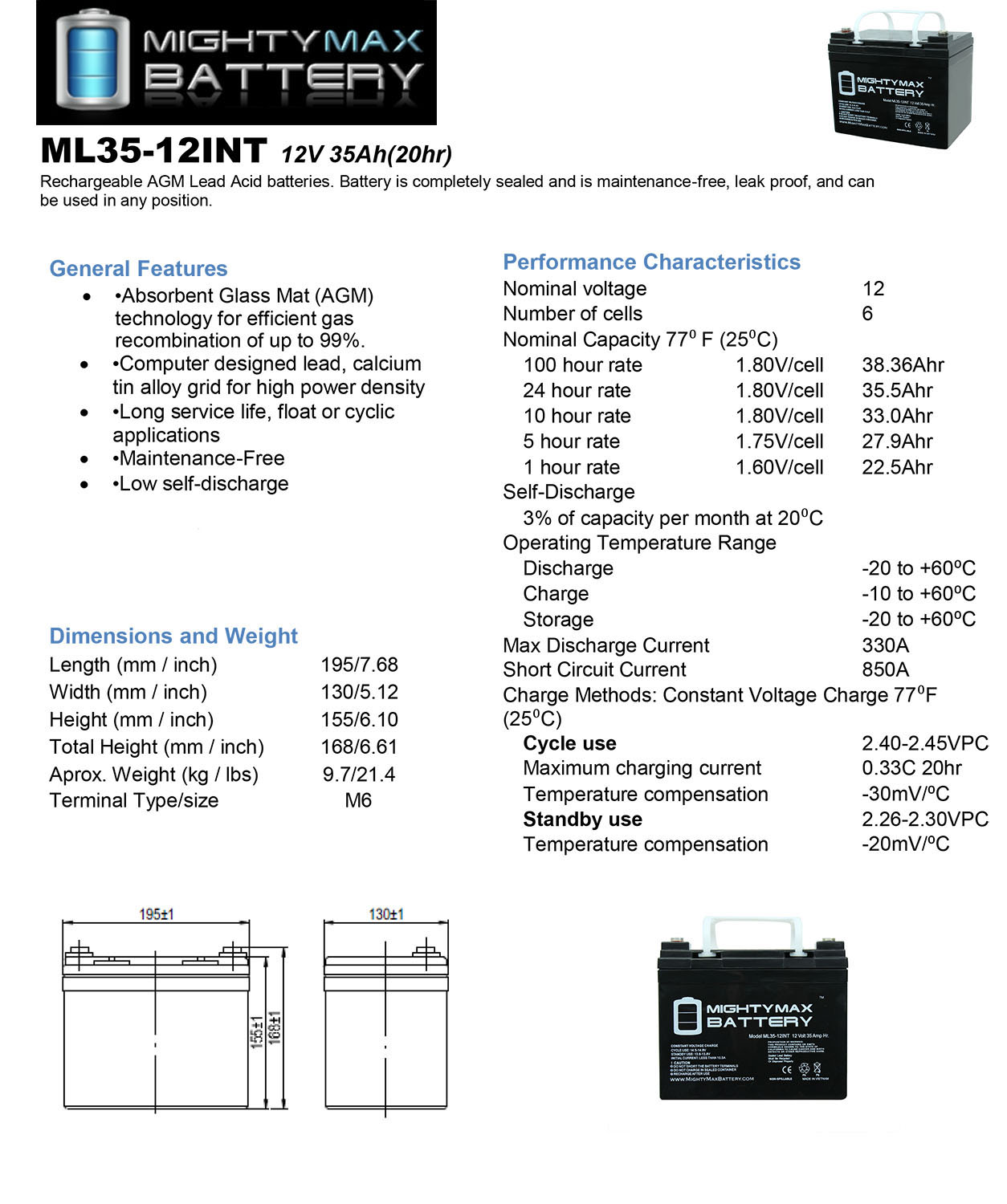 ML35-12 - 12V 35AH INT Battery - 2 Pack