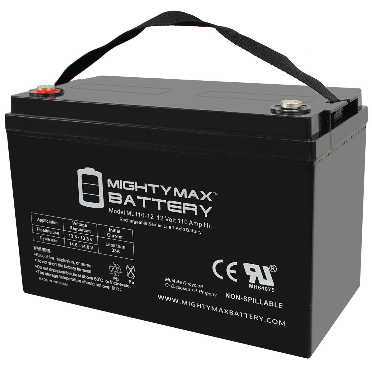 ML110-12 - 12 Volt 110 AH, Internal Thread (INT) Terminal, Rechargeable SLA AGM Battery