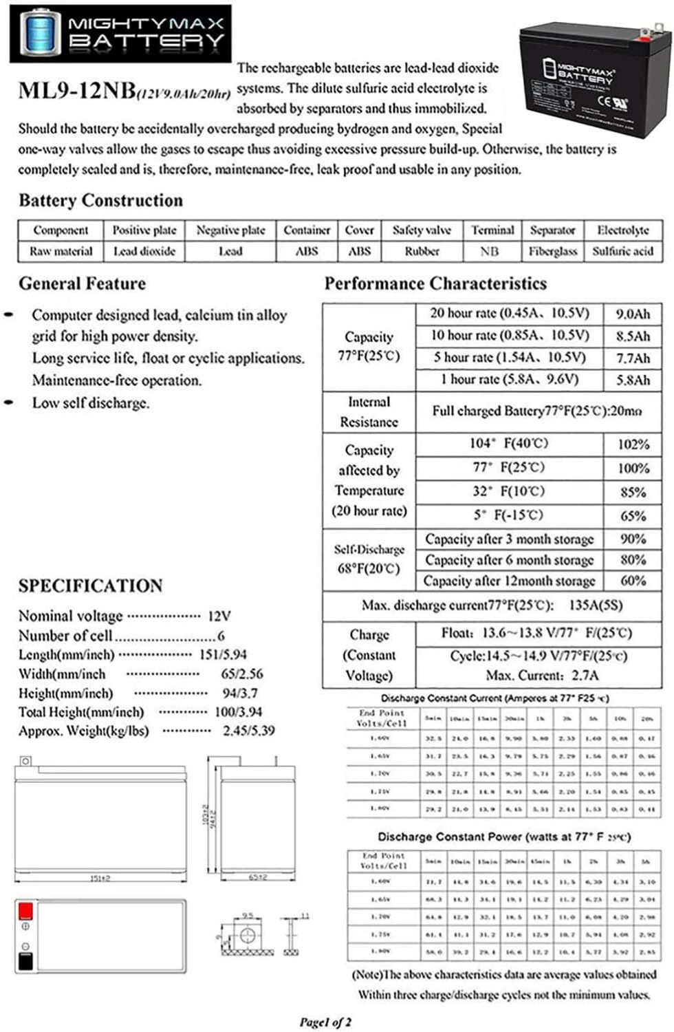 12 VOLT 9 AH SLA BATTERY NB terminal - 2 Pack  