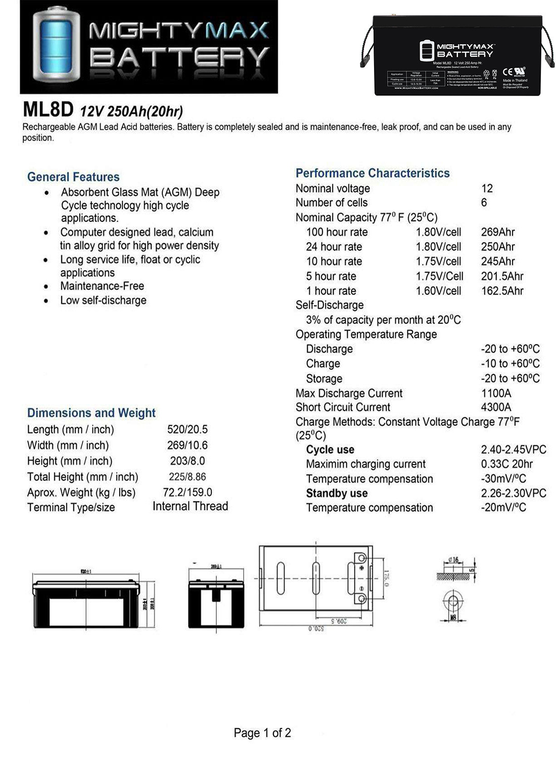 Sealed Lead-Acid Battery - AGM-type, 12V, 250 Amps - 4 Pack