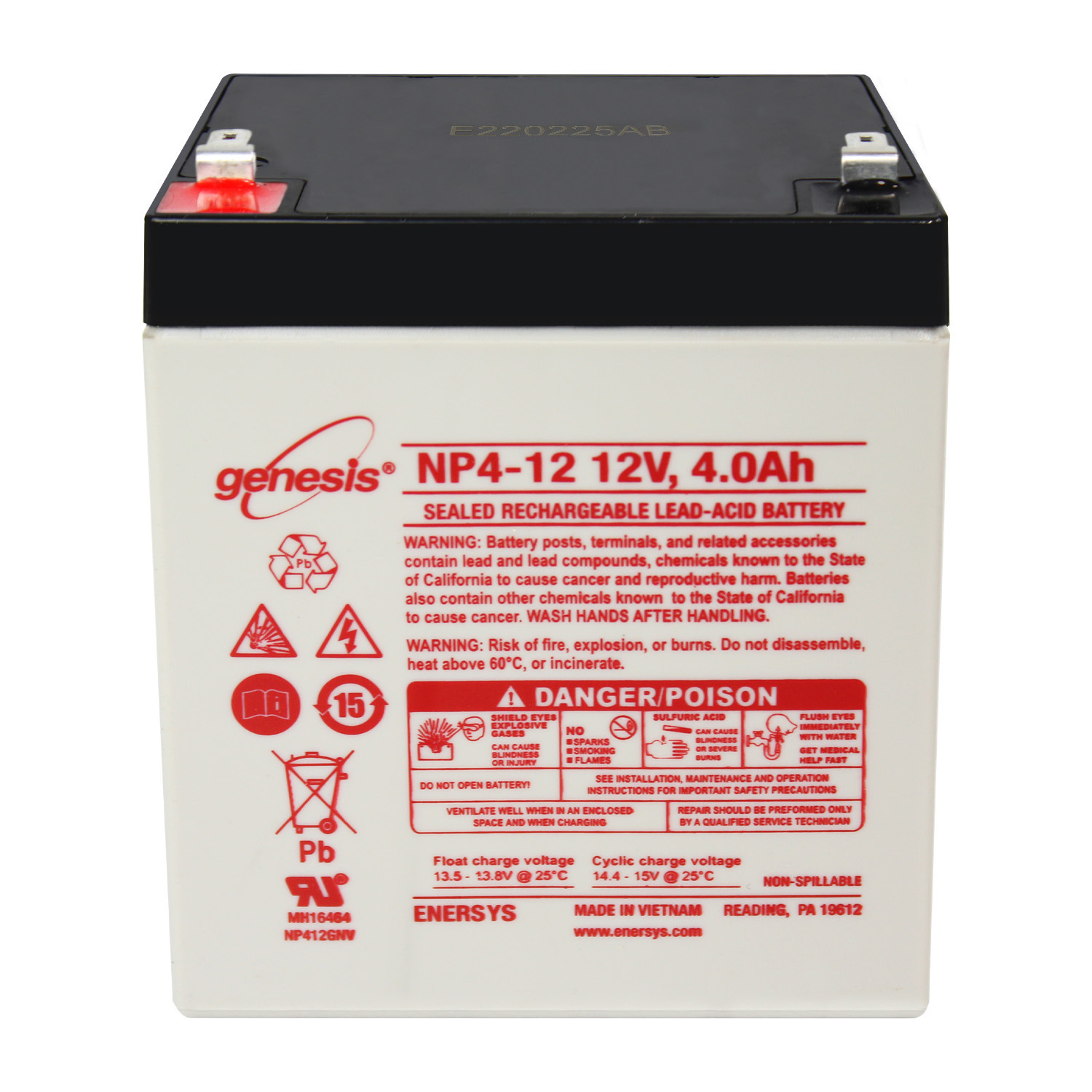 EnerSys Genesis NP4-12 - 12 Volt/4 Amp Hour Sealed Lead Acid Battery with 0.187 Fast-on Connector (2 Pack)