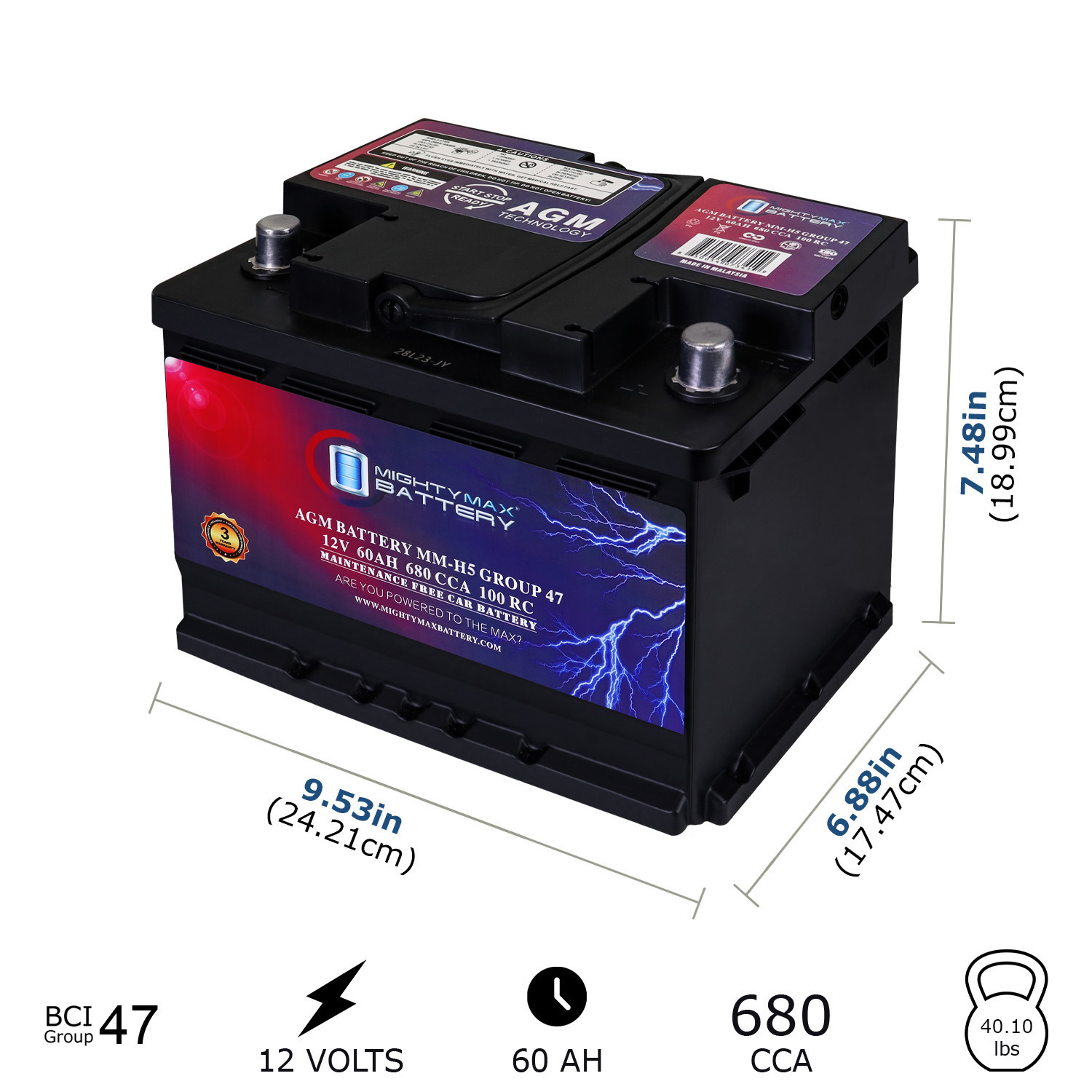 MM-H5 Group 47 12V 60AH 100RC 680CCA Replacement Battery Compatible with ACDelco 47 AGM
